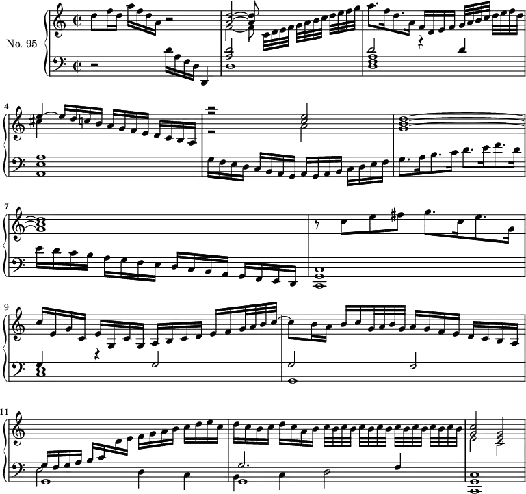 
\version "2.14.2"
\header {
  tagline = ##f
}
upper = \relative c'' {
  \clef treble 
  \key a \minor
  \time 2/2
  \tempo 2 = 52
  %\autoBeamOff
  \set Staff.midiInstrument = #"harpsichord"
    d8[ f16 d] a'[ f d a] r2
    << { < d a >2~ < d a >8 } \\ { f,2~ f8 c32[ d e f] g[ a b c] d[ e f g] } >>
    a8. f16 d8. a16 f[ d e f] g32[ a b c] d[ e f d] 
    << { e4~ e16[ d c! b] a[ g f e] d[ c b a] r2 < e'' c >2 < d b g >1~ < d b g > } \\ { cis4  s2. r2 a2 } \\ { s1 r2} >>
    r8 c8 e fis g8. c,16 e8. g,16 | 
    c[ e, g c,] e[ g, c g] a[ b c d] e[ f g32 a b c~] 
    c8[ b16 a] b[ c g32 a b g] a16[ g f e] d[ c b a] 
    \change Staff = "lower" \stemUp g16[ f g a] b[ c \change Staff = "upper" \stemDown d e] f[ g a b] c[ d e c]
    d[ c b c] d[ c a b] \tempo 2 = 46 \repeat unfold 2 { c32[ b c b] } \tempo 2 = 44 \repeat unfold 2 { c32[ b c b] }
    \tempo 2 = 52
    << { < c g >2 < g e > } \\ { e2 c2 } >>
}
lower = \relative c {
  \clef bass
  \key a \minor
  \time 2/2
  \set Staff.midiInstrument = #"harpsichord"
    r2 d'16[ a f d] d,4
    << { < d'' a >2 s2 d2 r4 d4 a1 } \\ { d,1 < a' f d >1 < e a, > } >>
    g16[ f e d] c b a g a[ g a b] c[ d e f] g8. a16 b8. c16 d8. e16 f8. d16 e[ d c b] a[ g f e] d[ c b a] g[ f e d]
    % ms. 8
    \relative c'
    < c, g c, >1
    << { g'4 r4 g2 g2 f } \\ { < e c >1 g,1 } >>
    % ms. 11
    << { s1 g'2. f4 } \\ { g,1 g } \\ { \stemDown e'2 d4 c b c d2 } >>
    < c g c, >1
}
\score {
  \new PianoStaff <<
    \set PianoStaff.instrumentName = #"No. 95"
    \new Staff = "upper" \upper
    \new Staff = "lower" \lower
  >>
  \layout {
    \context {
      \Score
      \remove "Metronome_mark_engraver"
    }
  }
  \midi { }
}
