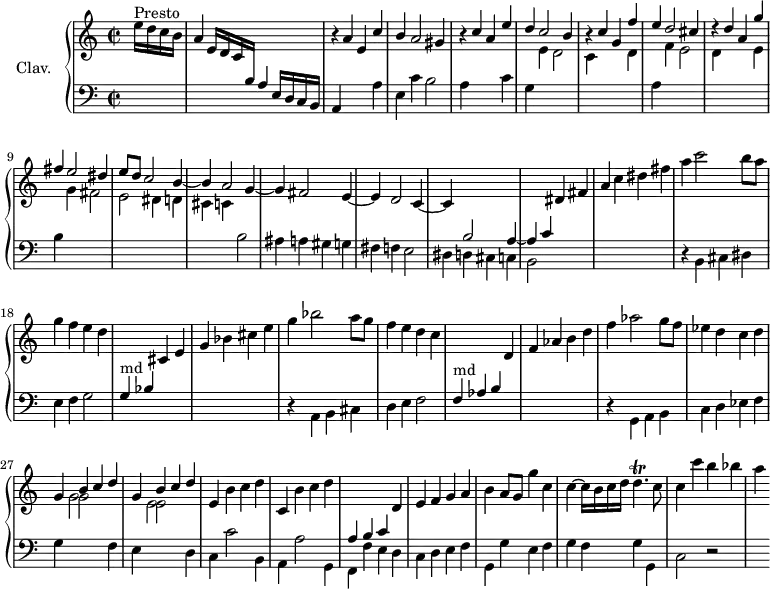 
\version "2.18.2"
\header {
  tagline = ##f
}
%% les petites notes
trillD     = { \tag #'print { d4.\trill } \tag #'midi { e32 d e d e d~ d16~ d8 } }
% \repeat unfold 2 {}
upper = \relative c'' {
  \clef treble 
  \key a \minor
  \time 2/2
  \tempo 2 = 88
  \set Staff.midiInstrument = #"harpsichord"
    \partial 4
    s8*0^\markup{Presto} e16 d c b | a4 \stemUp e16 d c \change Staff = "lower" b a4 s4 \change Staff = "upper" r4 a'4 e c'  | b a2 gis4 | r4 c4 a e' \stemUp | d c2 b4 | \stemUp r4 c g f' |
    % ms. 7
    e4 d2 cis4 | r4 d4 a g' fis e2 dis4 | e8 d c2 b4~ | b a2 g4~ | g fis2 e4~ | e d2 c4~ | 
    % ms. 14
    c4 \stemUp \change Staff = "lower" b2 a4~ | a c \stemNeutral \change Staff = "upper" dis4 fis | a c  dis  fis | a4 c2 b8 a | g4 f e d | \stemUp \change Staff = "lower" g,,4^\markup{md} bes \stemNeutral \change Staff = "upper" cis4 e | g bes cis e | 
    % ms. 21
    g4 bes2 a8 g | f4 e d c | \stemUp \change Staff = "lower" f,,4^\markup{md} aes b \stemNeutral \change Staff = "upper" d4 f aes b d | f aes2 g8 f | ees4 d c d | << { g,4 b c d | g,4 b c d } \\ { s4 g,2 s2 e2 s4 } >> | 
    % ms. 29
    e4 b' c d | c,4 b' c d | \stemUp \change Staff = "lower" a,4 b c \stemNeutral \change Staff = "upper" d4 e f g a | b a8 g g'4 c, | c4~ c16 b c d \trillD c8 | 
    % ms. 35
    c4 c' b bes | a
}
lower = \relative c' {
  \clef bass
  \key a \minor
  \time 2/2
  \set Staff.midiInstrument = #"harpsichord"
    % *****************************
     s4 s2. e,16 d c b | a4 s2 a'4 | e c' b2 | a4 s2 c4 | g \stemDown \change Staff = "upper" e' d2 | c4 s2 d4 |
     \change Staff = "lower" a4 \stemDown \change Staff = "upper" f'4 e2 | d4 s2 e4 | \change Staff = "lower" b4 \stemDown \change Staff = "upper" g'4 fis2 | e dis4 d | cis c \change Staff = "lower" b2 | ais4 a gis g | fis f e2 |
      % ms. 14
      dis4 d cis c | b2 s2 s1 | r4 b4 cis dis  | e f g2 | s1 s1 |
      % ms. 21
      r4 a,4 b cis d e f2 | s1 s1 | r4 g,4 a b c d ees f | g \stemDown \change Staff = "upper" g'2 \change Staff = "lower" f,4
      % ms. 28
      e4 \stemDown \change Staff = "upper" e'2 \change Staff = "lower" d,4 | c c'2 b,4 | a a'2 g,4 | f f' e d | c d e f | g, g' e f g f g g, |
      % ms. 35
      c2 r2 | s4
} 
thePianoStaff = \new PianoStaff <<
    \set PianoStaff.instrumentName = #"Clav."
    \new Staff = "upper" \upper
    \new Staff = "lower" \lower
  >>
\score {
  \keepWithTag #'print \thePianoStaff
  \layout {
      #(layout-set-staff-size 17)
    \context {
      \Score
     \override SpacingSpanner.common-shortest-duration = #(ly:make-moment 1/2)
      \remove "Metronome_mark_engraver"
    }
  }
}
\score {
  \keepWithTag #'midi \thePianoStaff
  \midi { }
}
