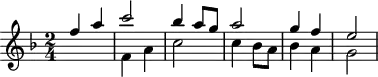 
\header {
  tagline = ##f
}
\score {
  \new Staff \with {
  }
<<
  \relative c'' {
    \key f \major
    \time 2/4
    \override TupletBracket #'bracket-visibility = ##f 
    %\autoBeamOff
     %%%%%%%%%%%%%%%%%%%%%%%%%% K15h
     << { f4 a c2 bes4 a8 g a2 g4 f e2 } \\ { s2 f,4 a c2 c4 bes8 a bes4 a g2 } >>
  }
>>
  \layout {
    \context {
      \remove "Metronome_mark_engraver"
    }
  }
  \midi {}
}
