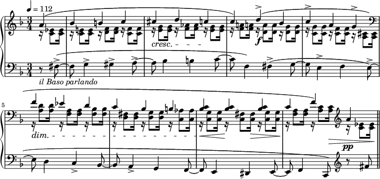 
%source : http://imslp.org/wiki/Special:ReverseLookup/779
\new PianoStaff <<
  \new Staff = "right" <<
    \relative c'' {
      \key f \major
      \numericTimeSignature
      \time 3/4
      \partial 4
      \tempo 4=112
      a(
      bes b c
      cis\cresc d c\!
      c) d->(\f bes
      c-> a g->
      \clef bass
      f es d
      c bes b
      <bes c> <bes c> <bes c>
      c f) \clef treble a\pp \bar "||"
    }
    \\
    \relative c' {
      \key f \major
      \numericTimeSignature
      \time 3/4
      \partial 4
      \tempo 4=112
      r16 <c es>8[ <c es>16]
      r16 <c e!>8[ <c e>16] r16 <d f>8[ <d f>16] r16 <c f>8[ <c f>16]
      r16 <e g>8[ <e g>16] r16 <f aes>8[ <f aes>16] r16 <e g>8[ <e g>16]
      r16 <f a!>8[ <f a!>16] r16 <d a'>8[ <d a'>16] r16 <d g>8[ <d g>16]
      r16 <c g'>8[ <c g'>16] r16 <c f>8[ <c f>16] r16 <a cis>8[ <a cis>16]
      \clef bass
      r16\dim <a d>8[ <a d>16] r16 <f a>8[ <f a>16] r16 <f bes>8[ <f bes>16]
      r16 <d fis>8[ <d fis>16] r16 <d g>8[ <d g>16] r16 <c aes'>8[ <c aes'>16]
      r16\< <c g'>8[ <c g'>16] r16\! <c fis>8[ <c fis>16\>] r16 <c g'>8[ <c g'>16\!]
      r16 <f a>8[ <f a>16] r16 <a c>8[ <a c>16\>] \clef treble r16 <c es>8[ <c es>16\!]
    }
  >>
  \new Staff = "left" {
    \clef bass \relative c {
      \key f \major
      \numericTimeSignature
      \time 3/4
      \partial 4
      \tempo 4=112
      r8_\markup {\italic "il Baso parlando"} fis(->~
      fis8 g4-> gis-> a8->~
      a8 bes4 b c8~
      c8 f,4) fis(-> g8~
      g8 e4-> f e8->~
      e8 d4 c-> bes8~
      bes8 a4-> g f8~
      f8 e4 dis e8~
      e8 f4 c8) \clef treble r8 fis''
    }
  }
>>
