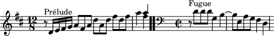 
\version "2.18.2"
\header {
  tagline = ##f
}
\score {
  \new Staff \with {
%fontSize = #-2
  }
<<
  \relative c' {
    \key d \major
    \time 12/8
    \set Staff.midiInstrument = #"harpsichord" 
     %% INCIPIT CBT II-5, BWV 874, ré majeur
     r8^\markup{Prélude} d16 e fis g a8 fis a d a d fis d fis | a4 << { a4 } \\ { fis4 } >> | \once \override Staff.TimeSignature #'stencil = ##f \time 4/8  \bar ".."
     \skip 16*1
     \override Staff.Clef.extra-offset = #'( -1 . 0 )
     \clef bass
     \time 2/2 
     r8^\markup{Fugue} d,8 d d g,4 b~ b8 e, a g fis4 d
  }
>>
  \layout {
     \context { \Score \remove "Metronome_mark_engraver" 
     \override SpacingSpanner.common-shortest-duration = #(ly:make-moment 1/2) 
       }
   }
  \midi {}
}
