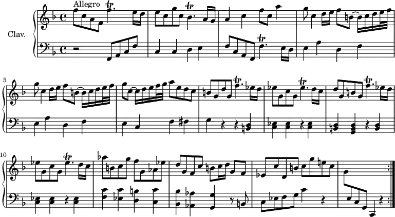 
\version "2.18.2"
\header {
  tagline = ##f
  % composer = "Domenico Scarlatti"
  % opus = "K. 59"
  % meter = "Allegro"
}
%% les petites notes
trillFpUp     = { \tag #'print { f'4.\trill } \tag #'midi { g32 f g f~ f4 } }
trillEESpUp   = { \tag #'print { ees'4.\trill } \tag #'midi { f32 ees f ees~ ees4 } }
trillBesp     = { \tag #'print { bes4.\trill } \tag #'midi { c32 bes c bes~ bes4 } }
upper = \relative c'' {
  \clef treble 
  \key f \major
  \time 4/4
  \tempo 4 = 110
  \set Staff.midiInstrument = #"harpsichord"
  \override TupletBracket.bracket-visibility = ##f
 \repeat volta 2 {
      s8*0^\markup{Allegro}
      f8 c a f \trillFpUp e16 d | e8 c g' c, \trillBesp a16 g |
      % ms. 3
      a4 c f8 c a'4 | \repeat unfold 2 { g8 c,4 d16 e f8 b,~ b16 c d e32 f } | 
      % ms. 6
      g8 c,~ c16 d e f32 g | a8 e d c | b g d' g, \trillFpUp  ees16 d | ees8 g, c g \trillEESpUp d16 c |
      % ms. 9
      d8 g, b g \trillFpUp  ees16 d |  ees8 g, c g \trillEESpUp d16 c | aes'8 b, c g' f g, aes ees' |
      % ms. 12
      d8 g, f c' b c16 d g,8 f | ees c' d, b' c g' e! c | s1 }%reprise
}
lower = \relative c' {
  \clef bass
  \key f \major
  \time 4/4
  \set Staff.midiInstrument = #"harpsichord"
  \override TupletBracket.bracket-visibility = ##f
 \repeat volta 2 {
    % ************************************** \appoggiatura a8  \repeat unfold 2 {  } \times 2/3 { }   \omit TupletNumber 
      r2 f,,8 a c f | c4 c d e |
      % ms. 3
      f8 c a f \trillFpUp e16 d | \repeat unfold 2 { e4 a d, f } |
      % ms. 6
      e4 c f fis | g r4 r4 < b, d >4 | < c ees > q r4 q |
      % ms. 9
      < b d >4 < g b d > r4 < b d >4 | < c ees > q r4 q | < f c' > < ees c' > < d b' > < c c' > |
      % ms. 12
      < bes bes' >4 < aes aes' > < g g' > r8 b8 | c ees f g c4 r4 | \stemDown \change Staff = "upper" g'8 \stemUp \change Staff = "lower" e, c g | c,4 r4 }%reprise
}
thePianoStaff = \new PianoStaff <<
    \set PianoStaff.instrumentName = #"Clav."
    \new Staff = "upper" \upper
    \new Staff = "lower" \lower
  >>
\score {
  \keepWithTag #'print \thePianoStaff
  \layout {
      #(layout-set-staff-size 17)
    \context {
      \Score
     \override SpacingSpanner.common-shortest-duration = #(ly:make-moment 1/2)
      \remove "Metronome_mark_engraver"
    }
  }
}
\score {
  \keepWithTag #'midi \thePianoStaff
  \midi { }
}
