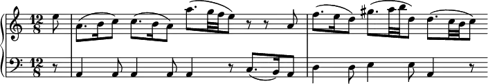 
\version "2.18.2"
\header {
  tagline = ##f
} 
upper = \relative c'' {
  \clef treble 
  \key a \minor
  \time 12/8
  \tempo 4. = 58
  \tempo "Siciliana"
  \override TupletBracket.bracket-visibility = ##f
  \set Staff.midiInstrument = #"recorder"
   %%Telemann, exemple Sicilienne
  \partial 8 e8
  a,8.( b16 c8) c8.( b16 a8) a'8.( g32 f e8) r8 r8 a,8 | f'8.( e16 d8) gis8.( a32 b d,8) d8.( c32 b c8)
}
lower = \relative c {
  \clef bass
  \key a \minor
  \time 12/8
  \set Staff.midiInstrument = #"orchestral harp"
  r8 | a4 a8 a4 a8 a4 r8 c8.( b16) a8 | d4 d8 e4 e8 a,4 r8
%%      \figuremode {
%%      s4.*3 < 6 >4. s4. < _+ >4 < 7_+ >8 < 5 4 >4
%%      }
    }
  \header {
    piece = ""
  }
\score {
  \new PianoStaff <<
    \new Staff = "upper" \upper
    \new Staff = "lower" \lower
  >>
  \layout {
    \context {
      \Score
      \remove "Metronome_mark_engraver"
    }
  }
  \midi { }
}
