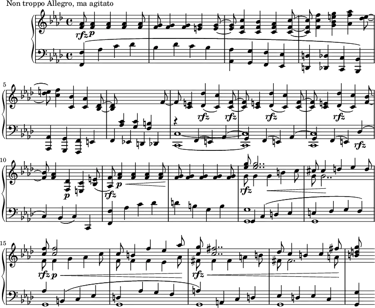 
\version "2.18.2"
\header {
  tagline = ##f
}
upper = \relative c'' {
  \clef treble 
  \key f \minor
  \time 4/4
  \tempo 2 = 84
  %\autoBeamOff
   %%Montgeroult — Étude 114 (pdf p. 220)
   < aes f >8\rfz q4\p q q q8 < g f >8 q4 q < g e >4 q8~ < g e >8 < c f, c >4 < bes f c > < aes f c > < c f, c >8~ < c f, c >8 
   < f c f, >4 < g e bes g > < aes f aes, > < e des >8~ 
   < e des >8 < f c >4 < bes, c, > < aes c, > < des, bes >8~ q
   \stemUp \change Staff = "lower" < c aes >4 < c g > < b f >
   \change Staff = "upper" f'8~ f < e c >4 < des' des, >(\rfz < c c, >) < f, c >8~\rfz q < e c >4 < des' des, >(\rfz < c c, >) < f, c >8~ q < e c >4 < des' des, >(\rfz < c c, >) < bes f >8~ q
   < aes f >4 < des, f, >\p < c e, > < e bes >8( < f aes, >)\rfz
   < aes f >4\p\< q4 q q8 < g f >8\! q4 q q q8
   << { < g' ees >8\rfz q2.. cis,8 cis4 d ees d8 | < f c >8 q2 s4 s8 c8 b4 f' ees aes8 | < g c, >8 < fis c >2.. des8 c4 b c fis8 } \\ { g,8 g4 g\< b c8 g8 g2..\! f8\rfz f4\p\< g aes c8 f, f4 f ees aes8\! fis8\rfz\< fis4 fis a b8 fis fis2. a8\! } >>
   < g' d b >8
}
lower = \relative c {
  \clef bass
  \key f \minor
  \time 4/4
   < f f, >4\( aes c des bes des c bes < aes aes, >4 < g g, > < f f, > < ees ees, > < d d, > < des des, > < c c, > < bes bes, >\)
   < aes aes, > < g g, > < f f, > e f ees! d des
   << { r4 f4( e) aes( g) f4( e) aes( g) f4( e) des'(\rfz c) } \\ { < c c, >1~ q q } >>
   bes4( c) c, < f' f, > aes4 c des d b g b 
   << { g,4 c( d ees e f g f) aes b,( c ees d aes' g f a)^\( a, c d ees d ees c  } \\ { < g' g, >1 g,1 g g g g } >>
   < g' g, >4\)
}
  \header {
    piece = "Non troppo Allegro, ma agitato"
  }
\score {
  \new PianoStaff <<
    \new Staff = "upper" \upper
    \new Staff = "lower" \lower
  >>
  \layout {
    \context {
      \Score
      \remove "Metronome_mark_engraver"
    }
  }
  \midi { }
}
