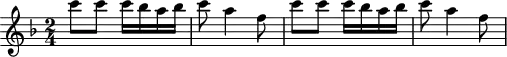 
\header {
  tagline = ##f
}
\score {
  \new Staff \with {
  }
<<
  \relative c'' {
    \key f \major
    \time 2/4
    \override TupletBracket #'bracket-visibility = ##f 
    %\autoBeamOff
     %%%%%%%%%%%%%%%%%%%%%%%%%% K33b
     c'8 c c16 bes a bes c8 a4 f8 c' c c16 bes a bes c8 a4 f8 
  }
>>
  \layout {
    \context {
      \remove "Metronome_mark_engraver"
    }
  }
  \midi {}
}
