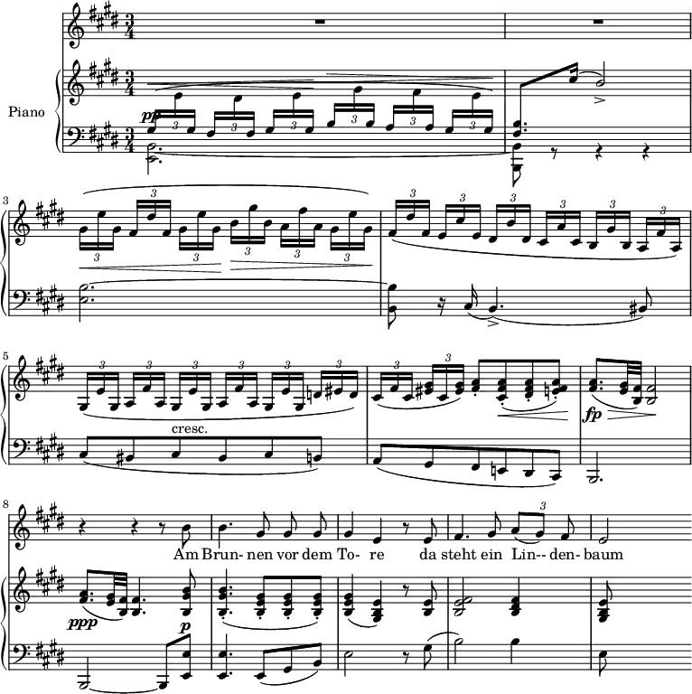 
\version "2.14.2"
\header {
  tagline = ##f
}
%%%% Schubert, Winterreise no. 5 Der lindenbaum / début
%%%%%% VOIX %%%%%
melody = \relative c'' {
  \clef treble
  \key e \major
  \time 3/4
  \tempo 4 = 62
  \override TupletBracket #'bracket-visibility = ##f
   R2.*7 r4 r4 r8 b8 | b4. gis8 gis gis | gis4 e r8 e8 | fis4. gis8
    {\times 2/3 { a[( gis)] fis }} | e2
}
text = \lyricmode {
  Am Brun- nen vor dem To- re da steht ein Lin-- den- baum
}
%%%%%% PIANO %%%%%
upper = \relative c' {
  \clef treble
  \key e \major
  \time 3/4
  \override TupletBracket #'bracket-visibility = ##f
 {\times 2/3 { \dynamicUp \change Staff = "lower" gis16(^\<[ 
   \change Staff = "upper" e' 
  \change Staff = "lower" gis,]}} 
 {\times 2/3 { fis[ 
   \change Staff = "upper" dis' 
  \change Staff = "lower" fis,] }}
 {\times 2/3 { gis[ 
   \change Staff = "upper" e' 
  \change Staff = "lower" gis,]\! }}
 {\times 2/3 { b^\>[ 
   \change Staff = "upper" gis' 
  \change Staff = "lower" b,] }} 
 {\times 2/3 { a[
   \change Staff = "upper" fis' 
  \change Staff = "lower" a,] }} 
 {\times 2/3 { gis[ 
   \change Staff = "upper" e' 
   \change Staff = "lower" gis,\!)] }} | 
   s2.
   \dynamicDown \change Staff = "upper" \relative c'' % Mesure 3
  {\times 2/3 { gis16\<([ e' gis,] }} {\times 2/3 { fis'[ dis' fis,] }} {\times 2/3 { gis[ e' gis,]\! }} {\times 2/3 { b\>[ gis' b,] }}
  {\times 2/3 { a([ fis' a,] }} {\times 2/3 { gis([ e' gis,])\! }} |
  % Mesure 4
  {\times 2/3 { fis([ dis' fis,] }} {\times 2/3 { e[ cis' e,] }} {\times 2/3 { dis[ b' dis,] }}
  {\times 2/3 { cis[ a' cis,] }} {\times 2/3 { b[ gis' b,] }} {\times 2/3 { a[ fis' a,]) }} | 
  % Mesure 5
  {\times 2/3 { gis([ e' gis,] }}  {\times 2/3 { a([ fis' a,] }} {\times 2/3 { gis([ e' gis,] }} 
  {\times 2/3 { a[ fis' a,] }} {\times 2/3 { gis[ e' gis,] }} {\times 2/3 { d'![ eis d]) }} |
  % Mesure 6
  {\times 2/3 { cis([ fis cis] }} {\times 2/3 { < gis' eis >[ cis, < gis' eis >]) }}
  < a fis >8-. < a fis cis >8-.(\< < a fis dis >8-. < a fis e! >8-.)\! |
  % Mesures 7 et 8
  < fis a >8.\>\fp( < e gis >32 < fis b, >) < fis b, >2\!
  < fis a >8.\ppp( < e gis >32 < fis b, >) < fis b, >4. < b gis b, >8 | 
  < b gis b, >4.-.( < gis e b >8-. < gis e b >-. < gis e b >-.) | < gis e b >4( < e b gis >) r8 < e b >8 | 
  < fis e b >2 < fis dis b >4 | < e b gis >8
}
lower = \relative c {
  \clef bass
  \key e \major
  \time 3/4
   << { s2.^\pp } \\ { < b e, >2.~ } >>
   << { < b' fis >8. \change Staff = "upper" cis'16( b2_\accent) } \\ {  < b,, b, >8 r8 r4 r4 } >> 
  % \change Staff = "lower"
   < b' e, >2.~ | < b b, >8 r16 cis,16( b4.\accent)(bis8) | 
   cis( bis cis^"cresc." bis cis b!) | a( gis fis e! dis cis) | 
   b2. | b2~ b8 < e' e, >8^\p | < e e, >4. e,8( gis b) | e2 r8 gis8( | b2) b4 | e,8 s8 s4
}
\score {
  <<
    \new Voice = "mel" { \autoBeamOff \melody }
    \new Lyrics \lyricsto mel \text
    \new PianoStaff <<
    \set PianoStaff.instrumentName = #"Piano"
      \new Staff = "upper" \upper
      \new Staff = "lower" \lower
    >>
  >>
  \layout {
    \context { \Staff \RemoveEmptyStaves }
     \context { \Score \remove "Metronome_mark_engraver" }
  }
  \midi { }
}
