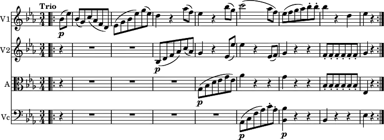 
\version "2.18.2"
 << \new Staff \with { instrumentName = #"V1"}
 \relative c'' {
    \key ees \major 
    \time 3/4
    \tempo "Trio"
    \tempo 4 = 120
     \bar ".|:" \partial 4 bes8 \p (ees) 
     bes (g) c (aes f d)
     ees (g bes ees) g (ees)
     d4 r aes'8 (f)
     ees4 r bes'8 (g)
     c2 (aes8 f)
     ees (f g aes) bes-. bes-.
     bes4 r d,
     ees r \bar ":|."
 }
 \new Staff \with { instrumentName = #"V2"}
  \relative c'' {
    \key ees \major
    \bar ".|:" \partial 4 r4
    \repeat unfold 2 {R1*3/4}
    bes,8 \p (d f aes) c (aes)
    g4 r ees8 (ees')
    ees4 r ees,8 (f)
    g4 r r
    \repeat unfold 6 {f8-.}
    g4 r \bar ":|."
  }
  \new Staff \with { instrumentName = #"A"}
  \relative c'' {
    \clef "alto"
    \key ees \major
     \bar ".|:" \partial 4 r4 
     \repeat unfold 3 {R1*3/4}
     g,8 \p (bes d ees g ees)
     aes4 r r g r r 
      \repeat unfold 6 {bes,8-.}
      ees,4 r
     \bar ":|."
  }
    \new Staff \with { instrumentName = #"Vc"}
  \relative c' {
    \clef "bass"
    \key ees \major
     \bar ".|:" \partial 4 r4
     \repeat unfold 4 {R1*3/4}
     aes,8 \p (c f aes) c-. aes-.
     <bes, bes'>4 \p r r
     bes r r
     ees r
     \bar ":|."
  }
  >>
