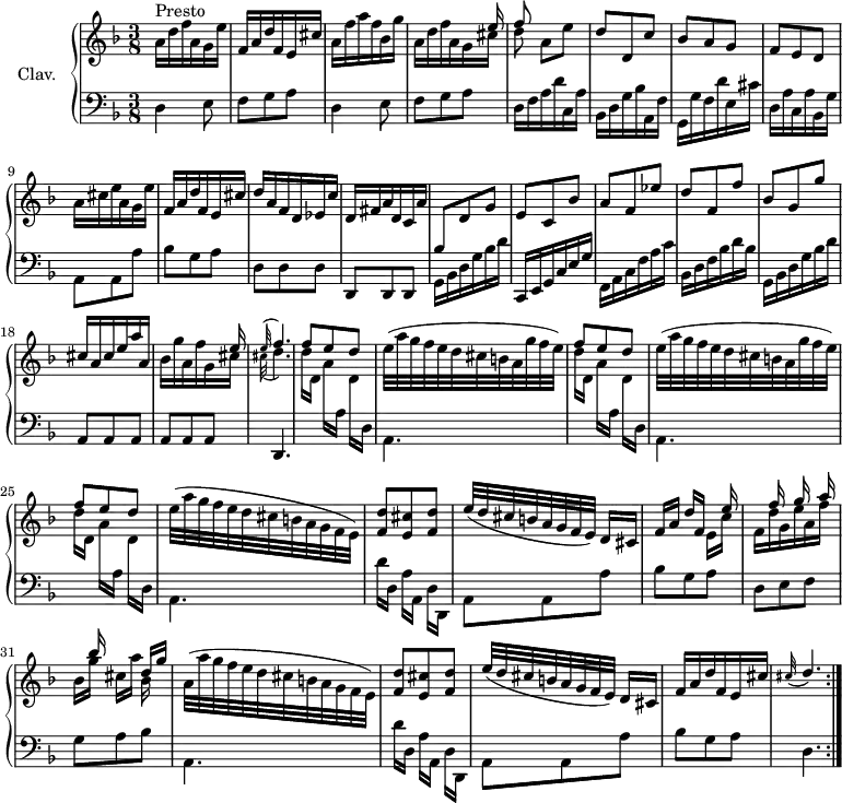 
\version "2.18.2"
\header {
  tagline = ##f
  % composer = "Domenico Scarlatti"
  % opus = "K. 10"
  % meter = "Presto"
}
%% les petites notes
appoDp     = { \tag #'print {   \tempo 4. = 50 \appoggiatura cis32 d4.   \tempo 4. = 62 } \tag #'midi { cis8 d4 } }
upper = \relative c'' {
  \clef treble 
  \key d \minor
  \time 3/8
  \tempo 4. = 62
  \set Staff.midiInstrument = #"harpsichord"
  \override TupletBracket.bracket-visibility = ##f
  \repeat volta 2 {
      s8*0^\markup{Presto}
      a16 d f a, g e' | f, a d f, e cis' | a f' a f bes, g' | << { s4 s16 e16 | f8 } \\ { a,16 d f a, g cis | d8 } >> a8 e' | d d, c' | bes a g |
      % ms. 8
      f8 e d | a'16 cis e a, g e' | f, a d f, e cis' | d a f d ees c' | d, fis a d, c a' | \stemUp \change Staff = "lower" bes,8 \change Staff = "upper" d g | e c bes' | 
      % ms. 15
      a f ees' | d f, f' | bes, g g' | cis,16 a cis e a a, | << { s4 s16 e'16 \appoggiatura e32 f4. } \\ { bes,16 g' a, f' g, cis \appoggiatura cis32 d4. } >> | f8 e d |
      % ms. 22
      \repeat unfold 2 { \stemDown e32( a g f e d cis b a g' f e) | \stemUp f8 e d } | \stemDown e32( a g f e d cis b a g f e) | \stemUp < f d' >8 < e cis' > < f d' > |
      % ms. 28
      e'32( d cis b a g f e) d16[ cis] | f16[ a] d[ f,] 
      << { s16 e' | s16 f s16 g s16 a s16 bes s8 d,16 g } 
      \\ { e,16 c' | f, d' g, e' a, f' | bes,[ g'] cis,[ a'] bes, } >> | 
      \stemDown a32( a' g f e d cis b a g f e) | \stemUp < f d' >8 < e cis' > < f d' > |
      % ms. 34
      e'32( d cis b a g f e) d16[ cis] | f16 a d f, e cis' \appoDp }%reprise
}
lower = \relative c' {
  \clef bass
  \key d \minor
  \time 3/8
  \set Staff.midiInstrument = #"harpsichord"
  \override TupletBracket.bracket-visibility = ##f
  \repeat volta 2 {
    % ************************************** \appoggiatura a8  \repeat unfold 2 {  } \times 2/3 { }   \omit TupletNumber 
      \repeat unfold 2 { d,4 e8 | f g a } | d,16 f a d c, a' | bes, d g bes a, f' | g, g' f d' e, cis' |
      % ms. 8
      d,16 a' c, a' bes, g' | a,8  a a' | bes g a | d, d d | d, d d | g16 bes d g bes d | c,, e g c e g |
      % ms. 15
      f,16 a c f a c | bes, d f bes d bes | g, bes d g bes d | a,8 a a | a a a | d,4. \repeat unfold 3 { \stemDown \change Staff = "upper"  d'''16[ d,] a'[ \change Staff = "lower" a,] \change Staff = "upper" d \change Staff = "lower" d, | a4. } | d'16[ d,] a'[ a,] d[ d,] |
      % ms. 28
      a'8 a a' | bes g a | d, e f | g a bes | a,4. | d'16[ d,] a'[ a,] d[ d,] |
      % ms. 34
      a'8 a a' | bes g a | d,4. }%reprise
}
thePianoStaff = \new PianoStaff <<
    \set PianoStaff.instrumentName = #"Clav."
    \new Staff = "upper" \upper
    \new Staff = "lower" \lower
  >>
\score {
  \keepWithTag #'print \thePianoStaff
  \layout {
      #(layout-set-staff-size 17)
    \context {
      \Score
     \override SpacingSpanner.common-shortest-duration = #(ly:make-moment 1/2)
      \remove "Metronome_mark_engraver"
    }
  }
}
\score {
  \unfoldRepeats 
  \keepWithTag #'midi \thePianoStaff
  \midi { }
}
