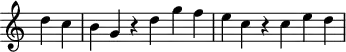 
\header {
  tagline = ##f
}
\score {
  \new Staff \with {
     \remove "Time_signature_engraver"
  }
<<
  \relative c'' {
    \key c \major
    %\clef bass
    \time 3/2
    \override TupletBracket #'bracket-visibility = ##f 
     %%% f° 7
     \partial 2 d4 c b g r4 d'4 g f  e c  r4 c e d
  }
>>
  \layout {
     \context { \Score \remove "Metronome_mark_engraver" }
  }
  \midi {}
}
