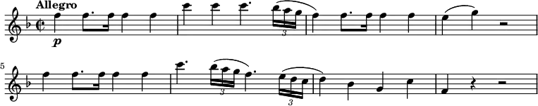 
   \relative c'' {
     \version "2.18.2"
         \clef "treble" 
         \tempo "Allegro"
         \key f \major
         \time 2/2
          \tempo 4 = 130
    f4 \p f8. f16 f4 f 
    c' c c4. \tuplet 3/2 {bes 16 (a g} f4)
    f8. f16 f4 f 
    e (g) r2
    f4 f8. f16 f4 f 
    c'4. \tuplet 3/2 {bes 16 (a g} f4.) \tuplet 3/2 {e16 (d c} d4)
    bes g c f, r r2  
}
