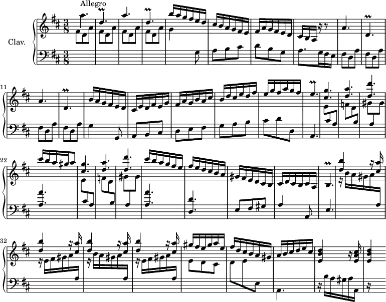 
\version "2.18.2"
\header {
  tagline = ##f
  % composer = "Domenico Scarlatti"
  % opus = "K. 353"
  % meter = "Allegro"
}
%% les petites notes
trillDpDown     = { \tag #'print { d,4.\prall } \tag #'midi { e32 d e d~ d4 } }
trillEp         = { \tag #'print { e4.\prall } \tag #'midi { fis32 e fis e fis e fis e~   \tempo 4. = 30 e8   \tempo 4. = 72 } }
trillBp         = { \tag #'print { b4.\prall } \tag #'midi { cis32 b cis b cis b cis b~ \tempo 4. = 30 b8 \tempo 4. = 72 } }
upper = \relative c'' {
  \clef treble 
  \key d \major
  \time 3/8
  \tempo 4. = 72
  \set Staff.midiInstrument = #"harpsichord"
      s8*0^\markup{Allegro}
      \repeat unfold 2 { a'4. | \stemUp \trillDpDown } | b'16 a g fis e d |
      % ms. 6
      cis16 b a g fis e | fis a g fis e d cis b a r16 r8 | \repeat unfold 2 { a'4. | \trillDpDown } |
      % ms. 13
      b'16 a g fis e d | cis e d fis e g | fis a g b a cis |
      % ms. 16
      b16 d cis e d fis | e g fis a g fis | \trillEp | < cis g' >4. < d a' >
      % ms. 21
      < d d' >4. | cis'16 b a gis a8 | < cis, g' >4. < d a' > < d d' > |
      % ms. 26
      cis'16 b a g fis e | fis e d cis b a | gis fis e d cis b | cis d cis b cis a | \trillBp
      % ms. 31
      \repeat unfold 4 { < d' b' >4 r16 < cis a' >16 }  | gis'16 fis e gis a e |
      % ms. 36
      fis16 d cis b a gis | a b cis d e cis | < e, b' d >4 r16 < e a cis >16 | < e b' d >4
}
lower = \relative c' {
  \clef bass
  \key d \major
  \time 3/8
  \set Staff.midiInstrument = #"harpsichord"
    % ************************************** \appoggiatura a16  \repeat unfold 2 {  } \times 2/3 { }   \omit TupletNumber 
      \stemDown \change Staff = "upper"  \repeat unfold 4 { fis8 d a' } | g4 \stemNeutral \change Staff = "lower" g,8 |
      % ms. 6
      a8 b cis | d b g | a8. g16 fis e | \repeat unfold 4 { fis8 d a' } |
      % ms. 13
      g4 g,8 | a8 b cis | d e fis |
      % ms. 16
      g8 a b | cis d d, | a4. | \repeat unfold 2 { \stemDown \change Staff = "upper" e''8 \stemUp \change Staff = "lower" cis a | \stemDown \change Staff = "upper" f' d \stemUp \change Staff = "lower" b \stemDown \change Staff = "upper" | 
      % ms. 21
      gis'8 \stemUp \change Staff = "lower" a, \stemDown \change Staff = "upper" gis' \stemUp \change Staff = "lower" |
      % ms. 26
      < a, a' >4. } | < d, d' >4. | e8 fis gis | a4 a,8 | e'4. \stemDown \change Staff = "upper"  |
      % ms. 31
      \repeat unfold 2 { r16 b''16 a gis a \stemUp  \change Staff = "lower" a, | \stemDown \change Staff = "upper" r16 e'16 fis gis a \stemUp  \change Staff = "lower" a, \stemDown \change Staff = "upper" } | e'8 d cis |
      % ms. 36
      d8 e \change Staff = "lower" e, | a,4. | r16 b'16 a gis a a, | r16 s8.
}
thePianoStaff = \new PianoStaff <<
    \set PianoStaff.instrumentName = #"Clav."
    \new Staff = "upper" \upper
    \new Staff = "lower" \lower
  >>
\score {
  \keepWithTag #'print \thePianoStaff
  \layout {
      #(layout-set-staff-size 17)
    \context {
      \Score
     \override TupletBracket.bracket-visibility = ##f
     \override SpacingSpanner.common-shortest-duration = #(ly:make-moment 1/2)
      \remove "Metronome_mark_engraver"
    }
  }
}
\score {
  \keepWithTag #'midi \thePianoStaff
  \midi { }
}
