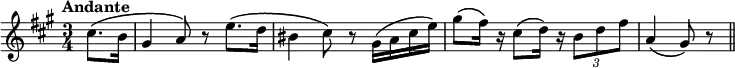 
\new Staff {
  \relative c'' {
    \key a \major
    \time 3/4
    \tempo "Andante"
    \partial 4
    cis8.\( b16 
    gis4 a8 \)r8
    e'8.\( d16 
    bis4 cis8\) r8
    gis16\( a16 cis16 e16\)
    gis8\( fis16\) r16
    cis8\( d16\) r16
    \times 2/3 { b8 d8 fis8 }
    a,4\( gis8\) r8 
    \bar "||"
  }
}
