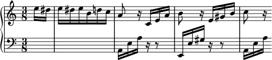 
\version "2.14.2"
\header {
  tagline = ##f
}
upper = \relative c'' {
  \clef treble 
  \key a \minor
  \time 3/8
  \tempo 4 = 72
  %\autoBeamOff
  \set Staff.midiInstrument = #"piano"
   \partial 8 e16 dis e dis e b d! c a8 r16
   c,16 e a b8 r16 e, gis b c8 r16
}
lower = \relative c' {
  \clef bass
  \key a \minor
  \time 3/8
  \set Staff.midiInstrument = #"piano"
   s8 s4.
   a,16 e' a r16 r8 e,16 e' gis r16 r8 a,16[ e' a]
}
\score {
  \new PianoStaff <<
    \set PianoStaff.instrumentName = #""
    \new Staff = "upper" \upper
    \new Staff = "lower" \lower
  >>
  \layout {
    \context {
      \Score
      \remove "Metronome_mark_engraver"
    }
  }
  \midi { }
}
