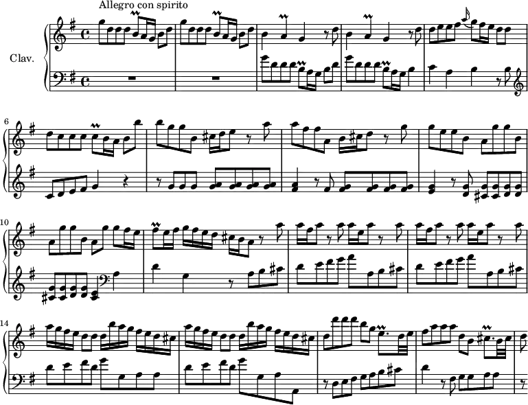 
\version "2.18.2"
\header {
  tagline = ##f
  % composer = "Domenico Scarlatti"
  % opus = "K. 169"
  % meter = "Allegro con spirito"
}
%% les petites notes
trillBq       = { \tag #'print { b8\prall } \tag #'midi { c32 b c b } }
trillA        = { \tag #'print { a4\prall } \tag #'midi { b32 a b a~ a8 } }
trillCq       = { \tag #'print { c8\prall } \tag #'midi { d32 c d c } }
trillFisq     = { \tag #'print { fis8\prall } \tag #'midi { g32 fis g fis } }
trillEqp      = { \tag #'print { e8.\prall } \tag #'midi { fis32 e fis e~ e16 } }
trillCisqp    = { \tag #'print { cis8.\prall } \tag #'midi { d32 cis d cis~ cis16 } }
upper = \relative c'' {
  \clef treble 
  \key g \major
  \time 4/4
  \tempo 4 = 102
  \set Staff.midiInstrument = #"harpsichord"
  \override TupletBracket.bracket-visibility = ##f
      s8*0^\markup{Allegro con spirito}
      \repeat unfold 2 { g'8 d d d \trillBq a16 g b8 d }
      % ms. 3
      \repeat unfold 2 { b4 \trillA g4 r8 d'8 } | d8 e e fis \appoggiatura a16 g8 fis16 e d8 d |
      % ms. 6
      d8 c c c \trillCq b16 a b8 b' | b g g b, cis16 d e8 r8 a8 | a fis fis a, b16 cis d8 r8 g8 |
      % ms. 9
      g8 e e b \repeat unfold 2 { a g' g b, } a g' g fis16 e | \trillFisq e16 fis g fis e d cis b a8 r8 \repeat unfold 2 { a'8 |
      % ms. 12
      a16 fis a8 r8 a8 a16 e a8 r8 } a8 | \repeat unfold 2 { a16 g fis e d8 d8 d16 b' a g fis e d cis } |
      % ms. 16
      d8 d' d d b g \trillEqp d32 e | fis8 a a a d, b \trillCisqp b32 cis | d8
}
lower = \relative c' {
  \clef bass
  \key g \major
  \time 4/4
  \set Staff.midiInstrument = #"harpsichord"
  \override TupletBracket.bracket-visibility = ##f
    % ************************************** \appoggiatura a16  \repeat unfold 2 {  } \times 2/3 { }   \omit TupletNumber 
      R1*2 | g'8 d d d \trillBq a16 g b8 d | g8 d d d \trillBq a16 g b4 | c a b r8 b8 |   \clef treble 
      % ms. 6
      c8 d e fis g4 r4 | r8 g8 g g < g a > q q q | < fis a >4 r8 fis8 < fis g > q q q |
      % ms. 9
      < e g >4 r8 < d g >8 \repeat unfold 2 { < cis g' > q < d g > q } < cis e >4 |   \clef bass a4 | d g, r8 a8 b cis |
      % ms. 12
      \repeat unfold 2 { d8 e fis g a a, b cis } | d e fis d g g, a a | 
      % ms. 15
      d8 e fis d g g, a a, | r8 d8 e fis g a b cis | d4 r8 fis,8 g g a a | r8
}
thePianoStaff = \new PianoStaff <<
    \set PianoStaff.instrumentName = #"Clav."
    \new Staff = "upper" \upper
    \new Staff = "lower" \lower
  >>
\score {
  \keepWithTag #'print \thePianoStaff
  \layout {
      #(layout-set-staff-size 17)
    \context {
      \Score
     \override SpacingSpanner.common-shortest-duration = #(ly:make-moment 1/2)
      \remove "Metronome_mark_engraver"
    }
  }
}
\score {
  \keepWithTag #'midi \thePianoStaff
  \midi { }
}
