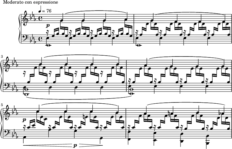 
\version "2.18.2"
\header {
  tagline = ##f
}
upper = \relative c'' {
  \clef treble 
  \key ees \major
  \time 4/4
  \tempo 4 = 76
   %%Montgeroult — Étude 41 (pdf p. 118)
   << {  \tuplet 3/2 { s16\p s8 \hide Flag g8(  s4 g8 s4 g8 s4 aes8) } } 
   \\ { 
      \repeat unfold 3 { 
        \tuplet 3/2 { \change Staff = "lower" d,16\rest \stemUp g,[ bes] } 
        \tuplet 3/2 { \stemDown \change Staff = "upper" g'[  \change Staff = "lower" \stemUp bes, g] } 
      } 
        \tuplet 3/2 { \change Staff = "lower" d'16\rest \stemUp g,[ bes] } 
        \tuplet 3/2 { \stemDown \change Staff = "upper" aes'[  \change Staff = "lower" \stemUp bes, g] }  
   } >>
   << { 
        \tuplet 3/2 { s16 s8 \hide Flag g'8( s4 f8 s4 f8 s4 f8) } } 
   \\ { \tuplet 3/2 { \change Staff = "lower" d16\rest \stemUp aes \stemDown \change Staff = "upper" d }
        \tuplet 3/2 { g16[ d \stemUp \change Staff = "lower" aes] } 
      \repeat unfold 3 { 
        \tuplet 3/2 { \change Staff = "lower" d16\rest \stemUp aes16[ \stemDown \change Staff = "upper" d] } 
        \tuplet 3/2 { f16[ d \stemUp \change Staff = "lower" aes] } 
      } 
   } >>
   << { \tuplet 3/2 { s16 s8 \hide Flag bes'8( s4 bes8 s4 bes8 s4 bes8) } } \\ { \repeat unfold 4 { \tuplet 3/2 { \stemUp \change Staff = "lower" d16\rest bes, \stemDown \change Staff = "upper" f' } \tuplet 3/2 { bes[ f \stemUp \change Staff = "lower" bes,] } } } >>
   << { 
        \tuplet 3/2 { s16 s8 \hide Flag aes'8( s4 g8 s4 g8 s4 g8) } } 
   \\ { \tuplet 3/2 { \change Staff = "lower" d16\rest \stemUp bes \stemDown \change Staff = "upper" ees }
        \tuplet 3/2 { aes16[ ees \stemUp \change Staff = "lower" bes] } 
      \repeat unfold 3 { 
        \tuplet 3/2 { \change Staff = "lower" d16\rest \stemUp bes16[ \stemDown \change Staff = "upper" ees] } 
        \tuplet 3/2 { g16[ ees \stemUp \change Staff = "lower" bes] } 
      } 
   } >>
   << {  \tuplet 3/2 { s16\p s8 \hide Flag c'8(  s4 c8 s4 c8 s4 bes8) } } 
   \\ { 
        \tuplet 3/2 { \change Staff = "lower" d,16\rest \stemUp c[ ees] } 
        \tuplet 3/2 { \stemDown \change Staff = "upper" c'[ ees, c] }
        \tuplet 3/2 { \change Staff = "lower" d16\rest \stemUp c[ \stemDown \change Staff = "upper" ees] } 
        \tuplet 3/2 { \stemDown \change Staff = "upper" c'[ ees, \change Staff = "lower" \stemUp c] }
        \tuplet 3/2 { \change Staff = "lower" d16\rest \stemUp c[ \stemDown \change Staff = "upper" e] } 
        \tuplet 3/2 { \stemDown \change Staff = "upper" c'[ e, \change Staff = "lower" \stemUp c] } 
        \tuplet 3/2 { \change Staff = "lower" d16\rest \stemUp c[ \stemDown \change Staff = "upper" e] } 
        \tuplet 3/2 { \stemDown \change Staff = "upper" bes'[ e, \change Staff = "lower" \stemUp c] }  
   } >>
   << {  \tuplet 3/2 { s16 s8 \hide Flag aes'8(  s4 a8 s4 bes8 s4 aes8) } } 
   \\ { 
        \tuplet 3/2 { \change Staff = "lower" d,16\rest \stemUp c[ \stemDown \change Staff = "upper" f] } 
        \tuplet 3/2 { \stemDown \change Staff = "upper" aes[ f \change Staff = "lower" \stemUp c] }
        \tuplet 3/2 { \change Staff = "lower" d16\rest \stemUp c[ \stemDown \change Staff = "upper" f] } 
        \tuplet 3/2 { \stemDown \change Staff = "upper" a[ f \change Staff = "lower" \stemUp c] }
        \tuplet 3/2 { \change Staff = "lower" d16\rest \stemUp bes[ \stemDown \change Staff = "upper" f'] } 
        \tuplet 3/2 { \stemDown \change Staff = "upper" bes[ f \change Staff = "lower" \stemUp bes,] } 
        \tuplet 3/2 { \change Staff = "lower" d16\rest \stemUp bes[ \stemDown \change Staff = "upper" d] } 
        \tuplet 3/2 { \stemDown \change Staff = "upper" aes'[ d, \change Staff = "lower" \stemUp  bes] }  
   } >>
}
lower = \relative c {
  \clef bass
  \key ees \major
  \time 4/4
   << { \stemDown \repeat unfold 8 { ees4 } \repeat unfold 4 { d4 } \repeat unfold 4 { ees4 } } \\ { \repeat unfold 2 { ees,1 } < bes' d, >1( < bes ees, >) } >>
   \stemDown aes4\< aes' g\!\>\p g,\! < f' f, >4 < ees ees, > < d d, > < bes bes, >
}
  \header {
    piece = "Moderato con espressione"
  }
\score {
  \new PianoStaff <<
    \new Staff = "upper" \upper
    \new Staff = "lower" \lower
  >>
  \layout {
    \context {
      \Score
      \override TupletBracket.bracket-visibility = ##f
      \omit TupletNumber
    }
  }
  \midi { }
}
