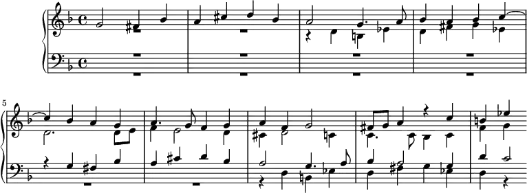 
\version "2.18.2"
\header {
  tagline = ##f
}
Dux    = { fis4 bes a cis d bes a2 }
Comes  = { r4 d4 b ees d fis g ees }
upper = \relative c' 
{
  \clef treble 
  \key f \major
  \time 4/4
  \tempo 4 = 92
  %\set Staff.midiInstrument = #"harpsichord" 
   %% Kerll
   << { g'2 \Dux g4. a8 bes4 a bes c~ c bes a g  a4. g8 f4 g a f g2 fis8 g a4 r4 c4 b ees } \\ { R1*2 \relative c' { \Comes } d,2. d8 e f4 e2 d4 cis d2 c4 c4. c8 bes4 c f g } >>
}
lower = \relative c'
 {
  \clef bass 
  \key f \major
  \time 4/4
  %\set Staff.midiInstrument = #"harpsichord" 
   << { R1*4 r4 g4 \Dux g4. a8 bes4 a2 g4 d' c2*1/2 } \\ { R1*6 \relative c { \Comes } d,4 r4 } >>
} 
\score {
  \new PianoStaff <<
    \set PianoStaff.instrumentName = #""
    \new Staff = "upper" \upper
    \new Staff = "lower" \lower
  >>
  \layout {
    \context {
      \Score
      \remove "Metronome_mark_engraver"
      %\override SpacingSpanner.common-shortest-duration = #(ly:make-moment 1/2)
    }
  }
  \midi { }
}
