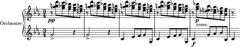 
\version "2.14.2"
\header {
  tagline = ##f
}
upper = \relative c'' {
  \clef treble 
  \key ees \major
  \time 3/4
  \tempo 4 = 110
  %\autoBeamOff
   \set Staff.midiInstrument = #"string ensemble 1"
   %%%%%%%%%%%%%%%%% AB-8-2 th1
  r8\pp \repeat unfold 4 { < f' b,! aes >8 < ees bes g > < des aes f > < c g ees > < b! f d! > r8 }
  < des aes f >8\p-"cresc." < bes e,! des > < aes ees c > < g des! bes > < f des aes > r8
}
lower = \relative c' {
  \clef bass
  \key ees \major
  \time 3/4
  \set Staff.midiInstrument = #"string ensemble 1"
   \clef treble \repeat unfold 2 { g'2-> r4 } \repeat unfold 2 { c,4 ees8 f g g, } c4\f g'8 aes bes bes, c4
} 
\score {
  \new PianoStaff <<
    \set PianoStaff.instrumentName = #"Orchestre"
    \new Staff = "upper" \upper
    \new Staff = "lower" \lower
  >>
  \layout {
    \context {
      \Score
      \remove "Metronome_mark_engraver"
    }
  }
  \midi { }
}
