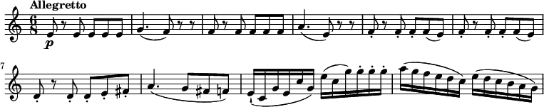 
\relative c' {
    \version "2.18.2"
    \key c \major
    \tempo "Allegretto"
    \tempo 4 = 90
    \time 6/8
    e8\p r  e e e e
    g4. (f8) r r
    f r f f f f
    a4. (e8) r r
    f8-. r f-. f-. f (e)
    f-. r f-. f-. f (e)
    d-. r d-. d-. e-. fis-.
    a4. (g8 fis f)
    e16-! (c g' e c' g) e' (c g') g-. g-. g-. 
    a (g f e d c) e (d c b a g)
}
