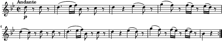 
 \relative c'' {
    \version "2.18.2"
    \key bes \major 
    \tempo "Andante"
    \tempo 4 = 100
    \time 2/2
    \partial 2 d8\p r d r
    d4. (ees16 f) bes,8 r c r
    d4 r ees (d8) r
    g4 (f8) r f16 (ees) r8 ees16 (d) r8
    d4 (c8) r d r d r
    d4. (ees16 f) bes,8 r c r
    d4 r ees (d8) r
    g4 (f8) r f16 (ees) r8 ees16 (d) r8
    bes4 r \bar  ":|."
}
