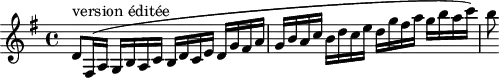 
\version "2.18.2"
\header {
  tagline = ##f
  % composer = "Mozart"
  % opus = ""
  % meter = "Allegro"
}
\score {
<<
  \relative c'' {
    \key g \major
    \time 4/4
    \tempo 4 = 110
    \override TupletBracket #'bracket-visibility = ##f 
     %%%%%%
     d,8^"version éditée" fis,16( a g b a c b d c e d g fis a g b a c b d c e d g fis a g b a c) b8
  }
>>
  \layout {
     #(layout-set-staff-size 17)
     \context { \Score \remove "Metronome_mark_engraver" 
     \override SpacingSpanner.common-shortest-duration = #(ly:make-moment 1/2)
     }
  }
  \midi { \set Staff.midiInstrument = #"clarinet" }
}
