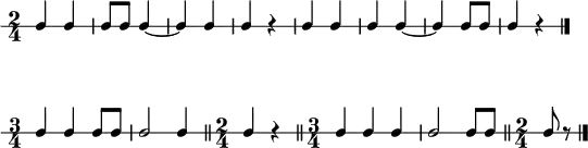 
\header {
  tagline = ##f
}
\score {
  \new RhythmicStaff {
    \override Score.SpacingSpanner #'base-shortest-duration =
    #(ly:make-moment 1 8)
    \numericTimeSignature
    \override Voice.TextScript #'padding = #1.8
    \time 2/4
    c c | c8 c c4~ | c c | c r | c c | c c~ | c c8 c | c4 r
    \bar "|."
  }
  \layout {
    indent = #0
  }
  \midi {}
}
\score {
  \new RhythmicStaff {
    \override Score.SpacingSpanner #'common-shortest-duration =
    #(ly:make-moment 1 8)
    \numericTimeSignature
    \override Voice.TextScript #'padding = #1.8
    \time 3/4
    c c c8 c | c2 c4 \bar "||"
    \time 2/4 c r \bar "||"
    \time 3/4 c c c | c2 c8 c \bar "||"
    \time 2/4 c r
    \bar "|."
  }
  \layout {
    indent = #0
  }
  \midi {}
}
