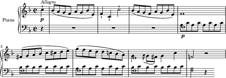 
\version "2.18.2"
\header {
  tagline = ##f
}
upper = \relative c' {
  \clef treble 
  \key f \major
  \time 2/2
  \tempo "Allegro"
  \tempo 4 = 120
  %\autoBeamOff
  \partial 4 c'4-! \p^\markup \italic { Allegro }  
  bes8 (a g f a g bes e,)
  f4-! c-! c'2-!
  bes8 (a g f a g bes e,)
  f1
  fis8 (g a bes c cis d e)
  g (f e d d c! bes a)
  << {e1} \\ {g4 \grace a16 (g8) (fis) g4 c} >>
  f,!2 r 
}
lower = \relative c {
  \clef bass
  \key f \major
  \time 2/2
    \set Staff.midiMinimumVolume = #0.2 \set Staff.midiMaximumVolume = #0.5
    \partial 4 r4 R1 R1 R1
    <<{f1\p f f f} \\ {\repeat unfold 4 {a8 c} \repeat unfold 4 {bes8 c} \repeat unfold 4 {a8 c}  \repeat unfold 4 {bes8 c}}>>
    <f, a>2 r4
} 
\score {
  \new PianoStaff <<
    \set PianoStaff.instrumentName = #"Piano"
    \new Staff = "upper" \upper
    \new Staff = "lower" \lower
  >>
  \layout {
    \context {
      \Score
      \remove "Metronome_mark_engraver"
    }
  }
  \midi { }
}
