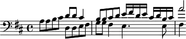 
\version "2.18.2"
\header {
  tagline = ##f
  % composer = "Johann Pachelbel"
  % opus = "Gott der Vater wohn uns bei, P. 171"
  % meter = ""
}
\score {
<<
  \relative c' {
    \clef bass
    \key d \major
    \time 4/4
    \override TupletBracket #'bracket-visibility = ##f 
     %s8*0^\markup{Aria}
     a8 a b cis << { d d cis4 | b8 b cis d e16 fis d e cis d b cis | a'2*1/2 } \\ { d,,8 d e fis | g g fis4 e4. e8 | fis4 } >>
  }
>>
  \layout {
     #(layout-set-staff-size 17)
     \context { \Score \remove "Metronome_mark_engraver" 
     \override SpacingSpanner.common-shortest-duration = #(ly:make-moment 1/2)
     }
  }
}
