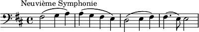 
\new Score {
  \new Staff {
    \relative c {
      \time 4/4
      \key d \major
      \clef bass
      \tempo 2 = 60
      \omit Score.MetronomeMark
        fis2^\markup {  \halign #-0.5 "Neuvième Symphonie"}( g4 a) | a4( g fis e) | d2( e4 fis) | fis4.( e8) e2
    }
  }
}
