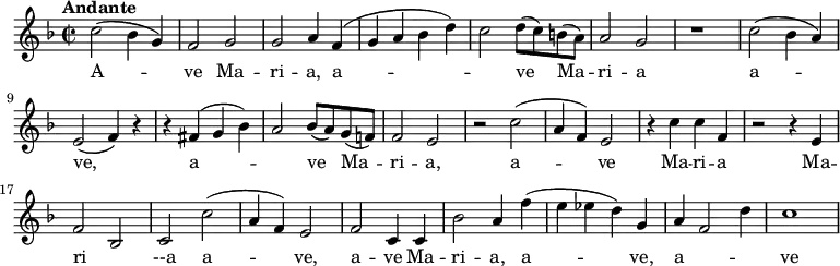 
 <<
    \new Voice = "melody" \relative c' {
       \version "2.18.2"
       \key f \major
       \time 2/2
       \tempo "Andante"
      c'2 (bes4 g) f2 g g a4 f (\melisma g a bes d) c2 \melismaEnd  d8 (c) b (a) a2 g r1
      c2 (bes4 a) e2 (f4) r
      r fis (\melisma g bes) 
      a2 \melismaEnd bes8 (a) g (f!)
      f2 e r
      c' (a4 f) e2
      r4 c' c f,
      r2 r4 e
      f2 \melisma 
      bes, \melismaEnd c c' (a4 f) e2
      f c4 c bes'2 a4 f' (e ees d) g, a \melisma f2 d'4 \melismaEnd c1
    }
    \new Lyrics \lyricsto "melody" {
    A -- ve Ma -- ri -- a,  a --  ve Ma -- ri -- a
    a -- ve, a -- ve Ma -- ri -- a, a -- ve Ma -- ri -- a Ma -- ri --a a -- ve, 
    a -- ve Ma -- ri -- a,  a -- ve, a -- ve}
 >> 

