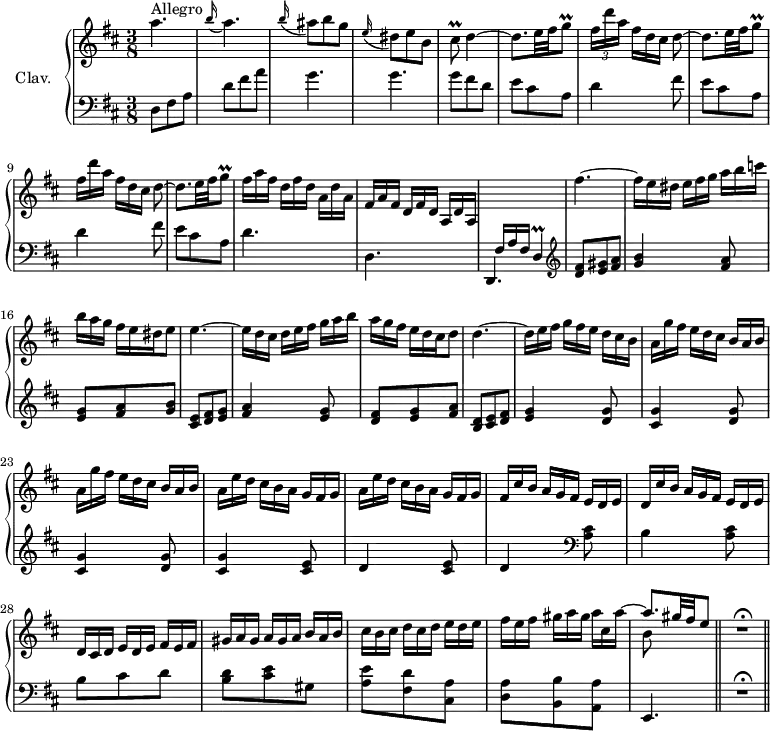 
\version "2.18.2"
\header {
  tagline = ##f
  % composer = "Domenico Scarlatti"
  % opus = "K. 161"
  % meter = "Allegro"
}
%% les petites notes
trillGq       = { \tag #'print { g8\prall } \tag #'midi { a32 g a g } }
trillCisq     = { \tag #'print { cis8\prall } \tag #'midi { d32 cis d cis } }
trillD        = { \tag #'print { d4\prall } \tag #'midi { e32 d e d e   \tempo 4. = 10 d~ d16   \tempo 4. = 52 } }
upper = \relative c'' {
  \clef treble 
  \key d \major
  \time 3/8
  \tempo 4. = 52
  \set Staff.midiInstrument = #"harpsichord"
  \override TupletBracket.bracket-visibility = ##f
      s8*0^\markup{Allegro}
      a'4. | \appoggiatura b16 a4. | \appoggiatura b16 ais8 b g \appoggiatura e16 dis8 e b | \trillCisq d4~ | \repeat unfold 2 { d8. e32 fis \trillGq | \times 2/3 { fis16 d' a }   \omit TupletNumber  \times 2/3 { fis16[ d cis] } d8~ } |
      % ms. 10
      d8. e32 fis \trillGq | \times 2/3 { fis16 a fis } \times 2/3 { d16[ fis d] } \times 2/3 { a16 d a } | \times 2/3 { fis16[ a fis] } \times 2/3 { d16 fis d } \times 2/3 { a16[ d a] } | \stemUp \change Staff = "lower" \times 2/3 { fis16 a fis } \trillD |  \stemNeutral  \change Staff = "upper"
      % ms. 14
      fis''4.~ | \times 2/3 { fis16 e dis } \times 2/3 { e16[ fis g] } \times 2/3 { a16 b c } | \times 2/3 { b16[ a g] } \times 2/3 { fis16 e dis } e8 | e4.~ | \times 2/3 { e16 d cis } \times 2/3 { d16[ e fis] } \times 2/3 { g16 a b } | \times 2/3 { a16[ g fis] } \times 2/3 { e16 d cis } d8
      % ms. 20
      d4.~ | \times 2/3 { d16 e fis } \times 2/3 { g16[ fis e] } \times 2/3 { d16 cis b } | \repeat unfold 2 { \times 2/3 { a16[ g' fis] } \times 2/3 { e16 d cis } \times 2/3 { b16[ a b] } } | \repeat unfold 2 { \times 2/3 { a16[ e' d] } \times 2/3 { cis16 b a } \times 2/3 { g16[ fis g] } } |
      % ms. 26
      \times 2/3 { fis16[ cis' b] } \times 2/3 { a16 g fis } \times 2/3 { e16[ d e] } | \times 2/3 { d16[ cis' b] } \times 2/3 { a16 g fis } \times 2/3 { e16[ d e] } | \times 2/3 { d16 cis d } \times 2/3 { e16[ d e] } \times 2/3 { fis16 e fis } | \times 2/3 { gis16 a gis } \times 2/3 { a16[ gis a] } \times 2/3 { b16 a b } | \times 2/3 { cis16 b cis } \times 2/3 { d16[ cis d] } \times 2/3 { e16 d e }
      % ms. 31
      \times 2/3 { fis16 e fis } \times 2/3 { gis16[ a gis] }  << { \omit TupletNumber  \stemDown \times 2/3 { a16 cis, a'~ } \stemUp | a8. gis32 fis e8 } \\ { s8   \tempo 4. = 30 b8 } >>  | R4.\fermata |
}
lower = \relative c' {
  \clef bass
  \key d \major
  \time 3/8
  \set Staff.midiInstrument = #"harpsichord"
  \override TupletBracket.bracket-visibility = ##f
    % ************************************** \appoggiatura a16  \repeat unfold 2 {  } \times 2/3 { }   \omit TupletNumber 
      d,8 fis a | d fis a | g4. g | g8 fis d | e cis a | \repeat unfold 2 { d4 fis8 |
      % ms. 8
      e8 cis a } | d4. d, d, |   \clef treble 
      % ms. 14
      < d'' fis >8 < e gis > < fis a > | < g b >4 < fis a >8 | < e g > < fis a > < g b > | < cis, e > < d fis > < e g > | < fis a >4 < e g >8 | < d fis > < e g > < fis a > |
      % ms. 20
      < b, d >8 < cis e > < d fis > | < e g >4 < d g >8 | \repeat unfold 2 { < cis g' >4 < d g >8 } | < cis g' >4 < cis e >8 | d4 < cis e >8
      % ms. 26
      d4   \clef bass < a cis >8 | b4 < a cis >8 | b cis d | < b d > < cis e > gis | < a e' >8 < fis d' > < cis a' > |
      % ms. 31
      < d a' >8 < b b' > < a a' > | e4. \bar "||"  R4.\fermata \bar "||"
}
thePianoStaff = \new PianoStaff <<
    \set PianoStaff.instrumentName = #"Clav."
    \new Staff = "upper" \upper
    \new Staff = "lower" \lower
  >>
\score {
  \keepWithTag #'print \thePianoStaff
  \layout {
      #(layout-set-staff-size 17)
    \context {
      \Score
     \override SpacingSpanner.common-shortest-duration = #(ly:make-moment 1/2)
      \remove "Metronome_mark_engraver"
    }
  }
}
\score {
  \keepWithTag #'midi \thePianoStaff
  \midi { }
}
