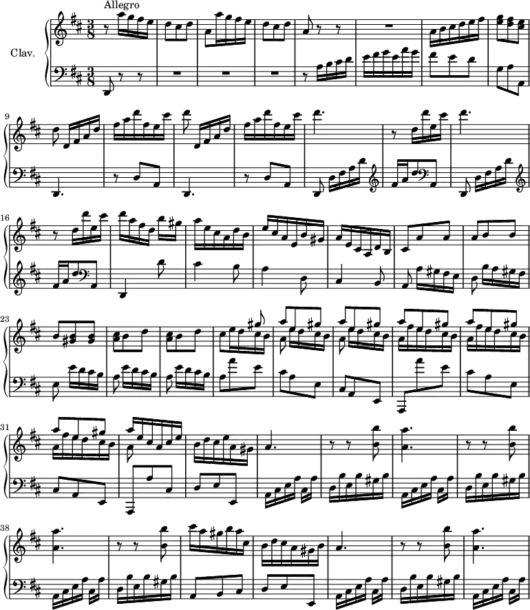 
\version "2.18.2"
\header {
  tagline = ##f
  % composer = "Domenico Scarlatti"
  % opus = "K. 400"
  % meter = "Allegro"
}
%% les petites notes
%trillBesp     = { \tag #'print { bes4.\prall } \tag #'midi { c32 bes c bes~ bes4 } }
upper = \relative c'' {
  \clef treble 
  \key d \major
  \time 3/8
  \tempo 4. = 72
  \set Staff.midiInstrument = #"harpsichord"
  \override TupletBracket.bracket-visibility = ##f
      s8*0^\markup{Allegro}
      r8 \repeat unfold 2 { a'16 g fis e | d8 cis d | a } | r8 r8 | R4.
      % ms. 7
      a16 b cis d e fis | < e g >8 < d fis > < cis e > | d8 d,16[ fis a d] | fis a d fis, e cis' | d8 d,,16[ fis a d] | fis a d fis, e cis' | d4. | 
      % ms. 14
      r8 d,16 d' e, cis' | d4. | r8 d,16 d' e, cis' | d a fis d b'[ gis] | a e cis a d b | e cis a e b' gis | a e cis a d b |
      % ms. 21
      cis8 a' a | a b b | b < gis b > q | \repeat unfold 2 { < a cis > b d } | 
      % ms. 26
      << { s4 gis8 | \repeat unfold 5 { a8 e gis } | a16 e cis a cis e } 
      \\ { cis8 e16 d cis b | \repeat unfold 2 { a8 e'16[ d cis b] } | \repeat unfold 3 { a16 fis' e d cis b } | a8 } >> | b16 d cis e a, gis | a4. |
      % ms. 35
      \repeat unfold 2 { r8 r8 < b b' >8 | < a a' >4. } | r8 r8 < b b' >8 | cis'16 a gis b a cis, | b d cis a gis b |
      % ms. 42
      a4. | r8 r8 < b b' >8 | < a a' >4.
}
lower = \relative c' {
  \clef bass
  \key d \major
  \time 3/8
  \set Staff.midiInstrument = #"harpsichord"
  \override TupletBracket.bracket-visibility = ##f
    % ************************************** \appoggiatura a16  \repeat unfold 2 {  } \times 2/3 { }   \omit TupletNumber 
      d,,8 r8 r8 | R4.*3 | r8 a''16 b cis d | e fis g e a g |
      % ms. 7
      fis8 e d | g, a a, | d,4. | r8 d'8 a | d,4. | r8 d'8 a | \repeat unfold 2 { d,8 d'16[ fis a d] |  \clef treble 
      % ms. 14
      fis16 a d8   \clef bass a,, } | d,4 d''8 | cis4 b8 | a4 d,8 | cis4 b8 |
      % ms. 21
      a8 a'16[ gis fis e] | d8 b'16[ a gis fis] | e8 \repeat unfold 3 { e'16[ d cis b] | a8 } \repeat unfold 2 { a' e | cis a e |
      % ms. 28
      cis8 a e | a, } a'' cis, | d e e, | \repeat unfold 3 { a16 cis e a cis,[ a'] |
      % ms. 35
      d,16 b' e, b' gis b } | a,8 b cis | d e e, |
      % ms. 42
      a16 cis e a cis,[ a'] | d,16 b' e, b' gis b | a,16 cis e a cis,[ a'] |
}
thePianoStaff = \new PianoStaff <<
    \set PianoStaff.instrumentName = #"Clav."
    \new Staff = "upper" \upper
    \new Staff = "lower" \lower
  >>
\score {
  \keepWithTag #'print \thePianoStaff
  \layout {
      #(layout-set-staff-size 17)
    \context {
      \Score
     \override SpacingSpanner.common-shortest-duration = #(ly:make-moment 1/2)
      \remove "Metronome_mark_engraver"
    }
  }
}
\score {
  \keepWithTag #'midi \thePianoStaff
  \midi { }
}
