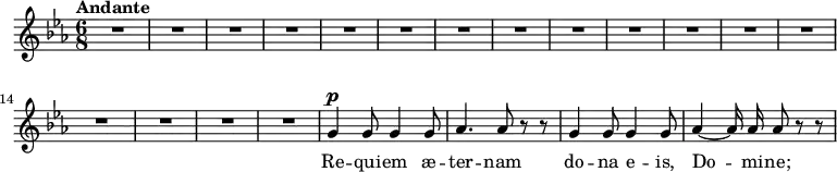 
\new Staff
{
\relative c'' {
	\clef treble
	\autoBeamOff
	\dynamicUp
	\key c \minor
	\time 6/8 
	\tempo Andante
	R2.*17 | g4 \p  g8 g4 g8 |
	aes4. aes8 r r |
	g4 g8 g4 g8 |
	aes4~ aes16 aes aes8 r r |
} 
}
\addlyrics {
  \lyricmode {
    Re -- qui -- em  æ -- ter -- nam do -- na e -- is, Do -- mi -- ne;
  }
} 
