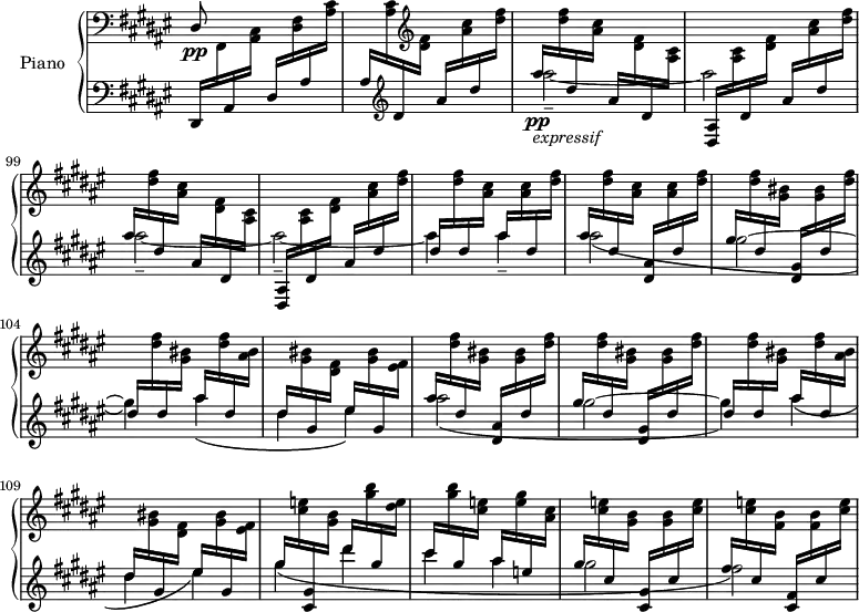 
\version "2.18.2"
\header {
  tagline=##f
}
upper=\relative c' {
  %\clef treble 
  \key fis \major
  \time 2/4
  \omit Staff.TimeSignature
  \tempo 4=130 % ravel note 144, mais sonne mieux pour l'exemple
  \tempo "Vif"
  \set Score.currentBarNumber=#95
  \set Staff.midiInstrument=#"acoustic grand"
  \clef bass \stemUp dis,8\pp s8 s4*3
  % ms. 97 à 100
  \change Staff="lower" \clef treble \stemDown ais'''2_-_~-\tweak stencil ##f \fff ais-\tweak stencil ##f \fff ais2_-_~ -\tweak stencil ##f \fff ais_-_~ ais4-\tweak stencil ##f \fff ais4_--\tweak stencil ##f \fff \repeat unfold 2 { ais2_\(-\tweak stencil ##f \fff gis~-\tweak stencil ##f \fff gis4_\) ais4_\(-\tweak stencil ##f \fff dis,-\tweak stencil ##f \fff eis\) } gis4_\( dis'-\tweak stencil ##f \fff cis4-\tweak stencil ##f \fff ais-\tweak stencil ##f \fff gis2-\tweak stencil ##f \fff fis\) % fin ms. 113
}
lower=\relative c {
  \clef bass
  \key fis \major
  \time 2/4
  \omit Staff.TimeSignature
  \set Staff.midiInstrument=#"acoustic grand"
  \set Score.proportionalNotationDuration=#(ly:make-moment 1/16)
   % ms. 95
   dis,16  \change Staff="upper"   fis16   \change Staff="lower"  ais  \change Staff="upper"  < ais cis >16
   \change Staff="lower" \stemUp  dis16  \change Staff="upper" \stemDown  < dis fis >16  \repeat unfold 2 {  \change Staff="lower" \stemUp  ais'  \change Staff="upper" \stemDown < ais cis >16 }
   % ms. 96 suite
   \change Staff="lower" \stemUp \clef treble dis16  \change Staff="upper" \stemDown  \clef treble < dis fis >16   \change Staff="lower" \stemUp  ais'  \change Staff="upper" \stemDown < ais cis >16 \change Staff="lower" \stemUp  dis  \change Staff="upper" \stemDown < dis fis >16 
   % ms. 97 et 98 * 99 et 100
   s4*0\pp-\markup { \italic "expressif"}
   \clef treble
   \repeat unfold 2 {
   % ms. 97 et 99
   \change Staff="lower" \stemUp  ais'16  \change Staff="upper" \stemDown  < dis, fis >16  
    \change Staff="lower" \stemUp  dis16  \change Staff="upper" \stemDown < ais cis >16 
   \change Staff="lower" \stemUp  ais16  \change Staff="upper" \stemDown  < dis, fis >16  
    \change Staff="lower" \stemUp  dis16  \change Staff="upper" \stemDown < ais cis >16
   % ms. 98 et 100
   \change Staff="lower" \stemUp  < dis, ais' >16  \change Staff="upper" \stemDown \clef treble < ais' cis >16  
    \change Staff="lower" \stemUp  dis16  \change Staff="upper" \stemDown < dis fis >16
   \change Staff="lower" \stemUp  ais'  \change Staff="upper" \stemDown  < ais cis >16  
    \change Staff="lower" \stemUp  dis16  \change Staff="upper" \stemDown < dis fis >16
   } % repet
   % ms. 101
   \change Staff="lower" \stemUp  dis16  \change Staff="upper" \stemDown \clef treble < dis fis >16  
    \change Staff="lower" \stemUp  dis16  \change Staff="upper" \stemDown < ais cis >16
   \change Staff="lower" \stemUp  ais'16  \change Staff="upper" \stemDown \clef treble < ais, cis >16  
    \change Staff="lower" \stemUp  dis16  \change Staff="upper" \stemDown < dis fis >16
   % ms. 102
   \change Staff="lower" \stemUp  ais'16  \change Staff="upper" \stemDown \clef treble < dis, fis >16  
    \change Staff="lower" \stemUp  dis16  \change Staff="upper" \stemDown < ais cis >16
   \change Staff="lower" \stemUp  < dis, ais' >16  \change Staff="upper" \stemDown \clef treble < ais' cis >16  
    \change Staff="lower" \stemUp  dis16  \change Staff="upper" \stemDown < dis fis >16
   % ms. 103
   \change Staff="lower" \stemUp  gis16  \change Staff="upper" \stemDown \clef treble < dis fis >16  
    \change Staff="lower" \stemUp  dis16  \change Staff="upper" \stemDown < gis, bis >16
   \change Staff="lower" \stemUp  < dis gis >16  \change Staff="upper" \stemDown \clef treble < gis bis >16  
    \change Staff="lower" \stemUp  dis'16  \change Staff="upper" \stemDown < dis fis >16
   % ms. 104
   \change Staff="lower" \stemUp  dis16  \change Staff="upper" \stemDown \clef treble < dis fis >16  
    \change Staff="lower" \stemUp  dis16  \change Staff="upper" \stemDown < gis, bis >16
   \change Staff="lower" \stemUp  ais'16  \change Staff="upper" \stemDown \clef treble < dis, fis >16  
    \change Staff="lower" \stemUp  dis16  \change Staff="upper" \stemDown < ais bis >16
   % ms. 105
   \change Staff="lower" \stemUp  dis16  \change Staff="upper" \stemDown \clef treble < gis, bis >16  
    \change Staff="lower" \stemUp  gis16  \change Staff="upper" \stemDown < dis fis >16
   \change Staff="lower" \stemUp  eis'16  \change Staff="upper" \stemDown \clef treble < gis, bis >16  
    \change Staff="lower" \stemUp  gis16  \change Staff="upper" \stemDown < eis fis >16
   % ms. 106
   \change Staff="lower" \stemUp  ais'16  \change Staff="upper" \stemDown \clef treble < dis, fis >16  
    \change Staff="lower" \stemUp  dis16  \change Staff="upper" \stemDown < gis, bis >16
   \change Staff="lower" \stemUp  < dis ais' >16  \change Staff="upper" \stemDown \clef treble < gis bis >16  
    \change Staff="lower" \stemUp  dis'16  \change Staff="upper" \stemDown < dis fis >16
   % ms. 107
   \change Staff="lower" \stemUp  gis16  \change Staff="upper" \stemDown \clef treble < dis fis >16  
    \change Staff="lower" \stemUp  dis16  \change Staff="upper" \stemDown < gis, bis >16
   \change Staff="lower" \stemUp  < dis gis >16  \change Staff="upper" \stemDown \clef treble < gis bis >16  
    \change Staff="lower" \stemUp  dis'16  \change Staff="upper" \stemDown < dis fis >16
   % ms. 108=104
   \change Staff="lower" \stemUp  dis16  \change Staff="upper" \stemDown \clef treble < dis fis >16  
    \change Staff="lower" \stemUp  dis16  \change Staff="upper" \stemDown < gis, bis >16
   \change Staff="lower" \stemUp  ais'16  \change Staff="upper" \stemDown \clef treble < dis, fis >16  
    \change Staff="lower" \stemUp  dis16  \change Staff="upper" \stemDown < ais bis >16
   % ms. 109=105
   \change Staff="lower" \stemUp  dis16  \change Staff="upper" \stemDown \clef treble < gis, bis >16  
    \change Staff="lower" \stemUp  gis16  \change Staff="upper" \stemDown < dis fis >16
   \change Staff="lower" \stemUp  eis'16  \change Staff="upper" \stemDown \clef treble < gis, bis >16  
    \change Staff="lower" \stemUp  gis16  \change Staff="upper" \stemDown < eis fis >16
   % ms. 110
   \change Staff="lower" \stemUp  gis'16  \change Staff="upper" \stemDown \clef treble < cis, e >16  
    \change Staff="lower" \stemUp  < cis, gis' >16  \change Staff="upper" \stemDown < gis' b >16
   \change Staff="lower" \stemUp  dis''16  \change Staff="upper" \stemDown \clef treble < gis, b >16  
    \change Staff="lower" \stemUp  gis16  \change Staff="upper" \stemDown < dis e >16
   % ms. 111
   \change Staff="lower" \stemUp  cis'16  \change Staff="upper" \stemDown \clef treble < gis b >16  
    \change Staff="lower" \stemUp  gis16  \change Staff="upper" \stemDown < cis, e >16
   \change Staff="lower" \stemUp  ais'16  \change Staff="upper" \stemDown \clef treble < e gis >16  
    \change Staff="lower" \stemUp  e16  \change Staff="upper" \stemDown < ais, cis >16
   % ms. 112
   \change Staff="lower" \stemUp  gis'16  \change Staff="upper" \stemDown \clef treble < cis, e >16  
    \change Staff="lower" \stemUp  cis16  \change Staff="upper" \stemDown < gis b >16
   \change Staff="lower" \stemUp  < cis, gis' >16  \change Staff="upper" \stemDown \clef treble < gis' b >16  
    \change Staff="lower" \stemUp  cis16  \change Staff="upper" \stemDown < cis e >16
   % ms. 113|il faut bien aller au bout du chant...
   \change Staff="lower" \stemUp  fis16  \change Staff="upper" \stemDown \clef treble < cis e >16  
    \change Staff="lower" \stemUp  cis16  \change Staff="upper" \stemDown < fis, b >16
   \change Staff="lower" \stemUp  < cis fis >16  \change Staff="upper" \stemDown \clef treble < fis b >16  
    \change Staff="lower" \stemUp  cis'16  \change Staff="upper" \stemDown < cis e >16
}
\score {
  \new PianoStaff <<
    \set PianoStaff.instrumentName=#"Piano"
    \new Staff="upper" \upper
    \new Staff="lower" \lower
  >>
  \layout {
    #(layout-set-staff-size 16)
    \context {
      \Score
      \override SpacingSpanner.common-shortest-duration=#(ly:make-moment 1/3)
      \remove "Metronome_mark_engraver"
    }
  }
  \midi { }
}
