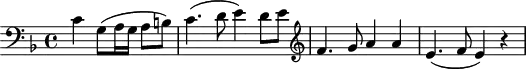 
\header {
  tagline = ##f
}
\score {
  \new Staff \with {
  }
<<
  \relative c' {
    \key f \major
    \clef bass
    \time 4/4
    \tempo 4 = 80
    \override TupletBracket #'bracket-visibility = ##f 
    %\autoBeamOff
    \set Staff.midiInstrument = #"string ensemble 1"
  \set Score.currentBarNumber = #31
  \bar ""
     %%% AB 5-2 th2
     \partial 2. c4 g8( a16 g a8 b!) c4.( d8 e4) d8 e \clef treble f4. g8 a4 a e4.( f8 e4) r4
  }
>>
  \layout {
    \context { \Score \remove "Metronome_mark_engraver"
    }
  }
  \midi {}
}
