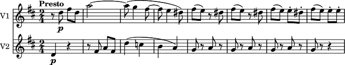 
<<
  \new Staff \with { instrumentName = #"V1 "}
  \relative c'' {
    \version "2.18.2"
    \key d  \major
    \tempo "Presto"
    \time 2/4
    \tempo 4 = 160
     r8 d8\p fis d
     a'2 ~
     a8 (g4 fis8 ~
     fis e4 dis8)
     fis (e) r8 dis
     fis (e) r8 dis
     fis (e) e-. dis-.
      fis (e) e-. e-.
}
\new Staff \with { instrumentName = #"V2 "}
\relative c'' {
    \key d  \major
    \time 2/4
     d,4\p r4
     r8 fis a fis
     d'4 (c b a)
     g8 r8 a r8 
     g8 r8 a r8
     g8 r8 a r8
     g8 r8 r4    
}
>>
