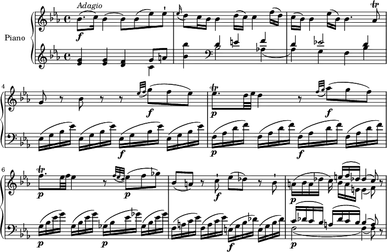 
\version "2.18.2"
\header {
  tagline = ##f
}
upper = \relative c' {
  \clef treble 
  \key ees \major
  \time 4/4
  \tempo "Adagio"
  \tempo 4 = 40
  %\autoBeamOff
  bes'8. \f ^\markup{ \italic {Adagio } } (c16) bes4 (bes8) bes (ees) ees-!
  \grace ees16 (d8) c16 bes bes4 d16 (c) c4 f16 (d)
  c (bes) bes4 ees16 (bes) bes4. aes8 \trill
  g r bes r r \grace {ees32 (f} g8 \f) (f ees)
  ees8. \trill  \p d32 ees d4 r8 \grace {f32 (g} aes8 \f) (g f)
  f8. \trill  \p ees32 f ees4 r8 \grace {f32 (es d} ees8 \p) (f ges)
  bes,8 (a) r c-!\f ees (des) r bes-!
  a16 \p (bes a des c) << { \stemDown bes16 a e e4 _ (f8)} \\ {\stemUp e'16 ^(f des!)  des4 ^(c8) } >> r8
}
lower = \relative c' {
  \clef bass
  \key ees \major
  \time 4/4
  \clef treble <ees g>4 <ees g> <d f> << { \stemDown c4} \\ {\stemUp g'8 a} >>
  <bes bes'>4 \clef bass << { \stemDown bes,2 aes!4 _ (aes4) g f bes} \\ {\stemUp d4 e f d ees!2 d4} >>
  ees,16 (g bes ees) ees,16 (g bes ees) ees,16 \f (g bes ees) ees,16 (g bes ees)
  f,16\p (aes d f) f,16 (aes d f) f,16\f (aes d f) f,16 (aes d f)
  g,16\p (bes ees g) g,16 (bes ees g) ges,16\p (bes ees ges) ges,16 (bes ees ges)
  f, (a c ees) f, (a c ees) e,\f (g bes des)  e, (g bes des)
  << { \stemDown f,2\p _ (f4) _ (f8)} \\ {\stemUp c'16 ^ (des c bes)  a16 ^(des c bes) bes4 ^ (a8) } >> r8
} 
\score {
  \new PianoStaff <<
    \set PianoStaff.instrumentName = #"Piano"
    \new Staff = "upper" \upper
    \new Staff = "lower" \lower
  >>
  \layout {
    \context {
      \Score
      \remove "Metronome_mark_engraver"
    }
  }
  \midi { }
}
