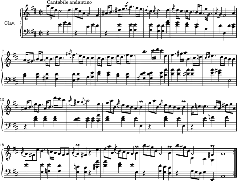 
\version "2.18.2"
\header {
  tagline = ##f
  % composer = "Domenico Scarlatti"
  % opus = "K. 277"
  % meter = "Cantabile andantino"
}
%% les petites notes
trillB       = { \tag #'print { b4\prall } \tag #'midi { cis32 b cis b~ b8 } }
trillA       = { \tag #'print { a4\prall } \tag #'midi { b32 a b a~ a8 } }
trillGis     = { \tag #'print { gis4\prall } \tag #'midi { a32 gis a gis~ gis8 } }
upper = \relative c'' {
  \clef treble 
  \key d \major
  \time 2/2
  \tempo 2 = 56
  \repeat volta 2 {
      s8*0^\markup{Cantabile andantino}
      \times 2/3 { a'8 fis d } cis2 d4 | \omit TupletNumber  \times 2/3 { e8 cis a } g2 fis4 | ais16 b8. dis16[ e8.] \acciaccatura a8 g4. fis16 e |
      % ms. 4
      \appoggiatura d8 cis4 \appoggiatura cis8 d2 d4 | \acciaccatura e8 d16 cis8. cis16[ b8.] b16 a8. e'16[ g,8.] | \acciaccatura a8 g4 fis2 | a4 a16 gis8. b16[ a8.] cis16[ b8.] d16 cis8. |
      % ms. 8
      \acciaccatura gis'8 fis4. e16 d cis4 cis | cis16 b8. d16[ cis8.] e16 d8. fis16[ e8.] | b'4. cis16 d cis4 e, |
      % ms. 11
      fis4. gis16 a b,4. cis16 d! | \grace {   \tempo 2 = 26 cis16 d }   \tempo 2 = 56 e4. d16 cis b4 b | ais16[ b8.] e16 d8. ais16 b8. d'16[ cis b8] |
      % ms. 14
      \appoggiatura a8 gis4 \appoggiatura gis8 a2 e4 | \repeat unfold 2 { \times 2/3 { fis8[ a b,] \acciaccatura e8 d8 cis b } a4 \trillB } | 
      % ms. 17
      b16 c8. c4. b16 a \times 2/3 { dis8[ e a,] } | \times 2/3 { \acciaccatura b8 a gis e' } d4. c16 b \times 2/3 { a8[ gis a] } |
      \acciaccatura b8 \trillA gis4 r4 e'4 |
      % ms. 20
      \times 2/3 { fis8[ a b,] } \times 2/3 {  \acciaccatura e8 d8 cis b } a4 \trillB \times 2/3 { b'8 gis d } a2 \trillB  |
      \times 2/3 { b'8 gis d } << { a2 \trillGis } \\ { d4 cis b } >> a'1 }%repet
}
lower = \relative c' {
  \clef bass
  \key d \major
  \time 2/2
  \repeat volta 2 {
    % ************************************** \appoggiatura a16  \repeat unfold 2 {  } \times 2/3 { }   \omit TupletNumber 
      r4 e4 g fis | r4 cis4 e d | r4 < g, e' >4 q q |
      % ms. 4
      q < fis d' > q < fis' a > | < e g > < d fis > << { e2 } \\ { cis4 a } >> | d4 d, d' < cis e > | < b d > < a d > < gis d' > < fis d' >
      % ms. 8
      < e d' >4 < fis d' > a < a e' > | < d fis > < cis e > < b d > < a d > | < gis d' e > q < a e' > < cis a' > |
      % ms. 11
      < d a' >4 q < dis a' > q | < e a > < e gis > e,2 | r4 < d' fis >4 q q |
      % ms. 14
      < d e >4 < cis e > q < cis a' > | < d fis > q e e, | r4 < d' fis >4 e e, |
      % ms. 17
      r4 e'4 f f | e < e, e' > < f e' > < f d' > | < e c' > < e b' > r4 < cis' a' >4 |
      % ms. 20
      < d a' >4 < d fis > e e, | r4 < fis d' > < e cis' > < d b' > | r4 \omit TupletNumber  \times 2/3 { fis8 e d } e4 e, | a1 }%repet
}
thePianoStaff = \new PianoStaff <<
    \set PianoStaff.instrumentName = #"Clav."
    \new Staff = "upper" \upper
    \new Staff = "lower" \lower
  >>
\score {
  \keepWithTag #'print \thePianoStaff
  \layout {
      #(layout-set-staff-size 17)
    \context {
      \Score
     \override TupletBracket.bracket-visibility = ##f
     \override SpacingSpanner.common-shortest-duration = #(ly:make-moment 1/2)
      \remove "Metronome_mark_engraver"
    }
  }
}
\score {
  \keepWithTag #'midi \thePianoStaff
  \midi { \set Staff.midiInstrument = #"harpsichord" }
}
