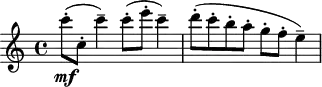 
\header {
  tagline = ##f
}
\score {
  \new Staff \with {
  }
<<
  \relative c'' {
    \key c \major
    \time 4/4
    \tempo 4 = 132
    \override TupletBracket #'bracket-visibility = ##f 
    %\autoBeamOff
    \set Staff.midiInstrument = #"string ensemble 1"
     %%%%%%%%%%%%%%%%%%%%%%%%%% Appalachian
     c'8-.\mf( c,-. c'4--) c8-.( e-. c4--) d8-.( c-. b-. a-. g-. f-. e4--)
  }
>>
  \layout {
    \context {
      \Score
      \remove "Metronome_mark_engraver"
    }
  }
  \midi {}
}
