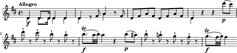 
\relative c' {
     \version "2.18.2"
     \key d \major
     \time 4/4
     \tempo "Allegro"
     \tempo 4 = 130
  <<{\stemDown d4\f  d8. d16 d4 d d s8 s8 a'4} \\ {\stemUp d,4 d8. d16 d4 d d r8 fis a4}>>
  r8 fis d fis a fis d fis a fis <<{\stemDown d4} \\ {\stemUp d4}>> 
  r4 r d''8\p (cis) d-! r cis-! r b-! r a-! r
  b8.\trill \f (a32 b) a4 r b8\p (ais)
  b-! r a!-! r g-! r fis-! r
  g8.\trill \f (fis32 g) fis4 
}
