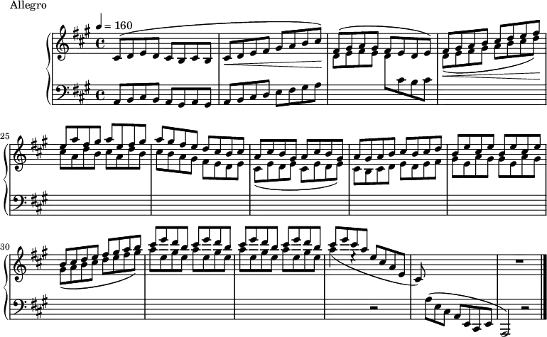 
\version "2.18.2"
\header {
  tagline = ##f
}
upper = \relative c' {
  \clef treble 
  \key a \major
  \time 4/4
  \tempo 4 = 160
  \set Score.currentBarNumber = #21
  \override TupletBracket.bracket-visibility = ##f
   %%Montgeroult — Étude 1 (pdf p. 16)
   cis8^( d e d cis b cis b | cis\< d e fis gis a b cis\!)
   << { fis,8( gis a gis fis e d e) } \\ { d8 e fis e } >>
   << { fis8 gis a b cis d e fis | e8 a fis gis a e fis gis } \\ { d,(\< e fis gis a b cis d)\! \repeat unfold 2 { cis8 a d b } } >>
   % ms 26
   << { a'8 gis fis e d cis b cis | \repeat unfold 2 { a8 cis b gis } | a8 gis a b cis b cis d | \repeat unfold 2 { b8 e cis e } } \\ { cis8 b a gis fis e d e | \repeat unfold 2 { cis e d e } } { s1) s2( s4 s8 s8) | cis8 b cis d e d e fis | \repeat unfold 2 { gis e a gis } } \\ { s1_( s1 s1) s2^( s4 s8 s8) } >>
   << { b cis d e fis gis a b | \repeat unfold 4 { cis e d b } cis e cis a e cis a e } \\ { gis( a b cis d e fis gis) | \repeat unfold 4 { a e gis e } a4( e4\rest s2 \stemUp cis,8) } >>
   s4. s2 R1
}
lower = \relative c {
  \clef bass
  \key a \major
  \time 4/4
   a8 b cis b a gis a gis | a b cis d e fis gis a | s2 \change Staff = "upper" d8 \change Staff = "lower" cis b cis 
   s2*19 r2 s8 a8( e cis a e cis e a,2) r2 \bar "|."
}
  \header {
    piece = "Allegro"
  }
\score {
  \new PianoStaff <<
    \new Staff = "upper" \upper
    \new Staff = "lower" \lower
  >>
  \layout {
    \context {
      \Score
    }
  }
  \midi { }
}
