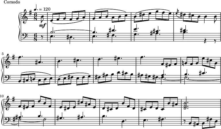 
\version "2.18.2"
\header {
  tagline = ##f
}
upper = \relative c'' {
  \clef treble 
  \key e \minor
  \time 6/8
  \tempo 4. = 120
  \override TupletBracket.bracket-visibility = ##f
   %%Montgeroult — Étude 7 (pdf p. 28)
   \partial 8 b8\mf e,([ fis g] fis g a) g([ a b] a b c) b([ dis e] g fis e) \acciaccatura e8 dis8 cis b b4 b8
   fis'4. ais, b cis d eis fis fis,8 eis fis g! fis g  e' cis g fis eis fis d' b fis e dis e cis' ais e d cis d b' fis d cis e d cis b' ais < b fis d >2.~ 
}
lower = \relative c' {
  \clef bass
  \key a \minor
  \time 6/8
  r8 << { b2.~ b4. dis4. e cis dis } \\ { e,4. dis e fis g ais b r4 r8 } >>
  b,8( cis d! cis d e) d( e fis e fis g) fis ais b d cis b  
  << { s4. ais4. b cis ais b gis ais } \\ { ais8 gis fis8~ fis4.~ fis2.~ fis2~ fis2 } >>
  b4. d, e fis r8 b,8 ais b fis' d
}
  \header {
    piece = "Comodo"
  }
\score {
  \new PianoStaff <<
    \new Staff = "upper" \upper
    \new Staff = "lower" \lower
  >>
  \layout {
    \context {
      \Score
    }
  }
  \midi { }
}
