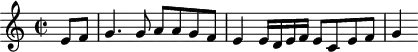 
\version "2.18.2"
\header {
  tagline = ##f
}
\score {
  \new Staff \with {
  }
<<
  \relative c' {
    \key c \major
    \time 2/2
    \tempo 2 = 68
    \override TupletBracket #'bracket-visibility = ##f 
     %%%%
     \partial 4 e8 f g4. g8 a8 a g f e4 e16 d e f e8 c e f g4
  }
>>
  \layout {
     \context { \Score \remove "Metronome_mark_engraver" }
  }
  \midi {}
}
