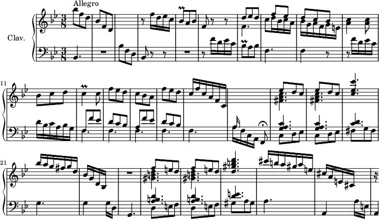 
\version "2.18.2"
\header {
  tagline = ##f
  % composer = "Domenico Scarlatti"
  % opus = "K. 249"
  % meter = "Allegro"
}
%% les petites notes
trillBesq    = { \tag #'print { bes8\prall } \tag #'midi { c32 bes c bes } }
trillC       = { \tag #'print { c4\prall } \tag #'midi { d32 c d c~ c8 } }
upper = \relative c'' {
  \clef treble 
  \key bes \major
  \time 3/8
  \tempo 4. = 78
  \set Staff.midiInstrument = #"harpsichord"
  \override TupletBracket.bracket-visibility = ##f
      s8*0^\markup{Allegro}
      bes'8 f d | bes f d | s4. | r8 f'16 d ees c | \trillBesq a8 bes | f r8 r8 |
      % ms. 7
      << { d'8 ees d | s8 f8 ees | d c bes } \\ { f4. | c'8 d16 bes c a | bes g a f g e } >> | < a c >4 q8 | bes8 c d | \trillC c8
      % ms. 13
      f8 ees d | c bes a | f' ees d | c16 f c a f c | \stemUp \change Staff = "lower"  a16 \change Staff = "upper" s16 s4 | \repeat unfold 2 {  << { ees''8 d c } \\ { < fis, a c >4.-\tweak stencil ##f \p } >> }
      % ms. 20
      < c' ees c' >4. | bes'16 a g fis g d | bes g d bes s8 | R4. | \repeat unfold 2 {  << { f''8 e d } \\ { < gis, b d >4.-\tweak stencil ##f \p } >> } | < d' gis b d >4.
      % ms. 27
      cis'16 b a gis a e | cis a e cis s8 | r16
}
lower = \relative c' {
  \clef bass
  \key bes \major
  \time 3/8
  \set Staff.midiInstrument = #"harpsichord"
  \override TupletBracket.bracket-visibility = ##f
    % ************************************** \appoggiatura a8  \repeat unfold 2 {  } \times 2/3 { }   \omit TupletNumber 
      bes,4. | R4. | bes'8 f d | bes8 r8 r8 | R4. | r8 f''16 d ees c |
      % ms. 7
      \trillBesq a8 bes | f4. | f4 r8 | r8 f'16 d ees c | d bes c a bes g | << { f8 f' ees | d c bes | a f' ees | d c bes } \\ { \mergeDifferentlyDottedOn \repeat unfold 5 { f4. } } >>
      % ms. 17
      a16[ f c a]   \tempo 4. = 40 f8\fermata   \tempo 4. = 78 | << { < g' a c >4.-\tweak stencil ##f \p q < c d > } \\ { c,8 d ees | c d ees | fis g fis } >> | g4. | g4 g16 d | \tempo 4. = 50 g,4. \tempo 4. = 78 |
      % ms. 24
      << { < a' b d >4.-\tweak stencil ##f \p q < d e > } \\ { d,8 e f | d e f | gis a gis } >>
      % ms. 27
      a4. a,4 a'16 e | \tempo 4. = 10 a,4*1/4
}
thePianoStaff = \new PianoStaff <<
    \set PianoStaff.instrumentName = #"Clav."
    \new Staff = "upper" \upper
    \new Staff = "lower" \lower
  >>
\score {
  \keepWithTag #'print \thePianoStaff
  \layout {
      #(layout-set-staff-size 17)
    \context {
      \Score
     \override SpacingSpanner.common-shortest-duration = #(ly:make-moment 1/2)
      \remove "Metronome_mark_engraver"
    }
  }
}
\score {
  \keepWithTag #'midi \thePianoStaff
  \midi { }
}
