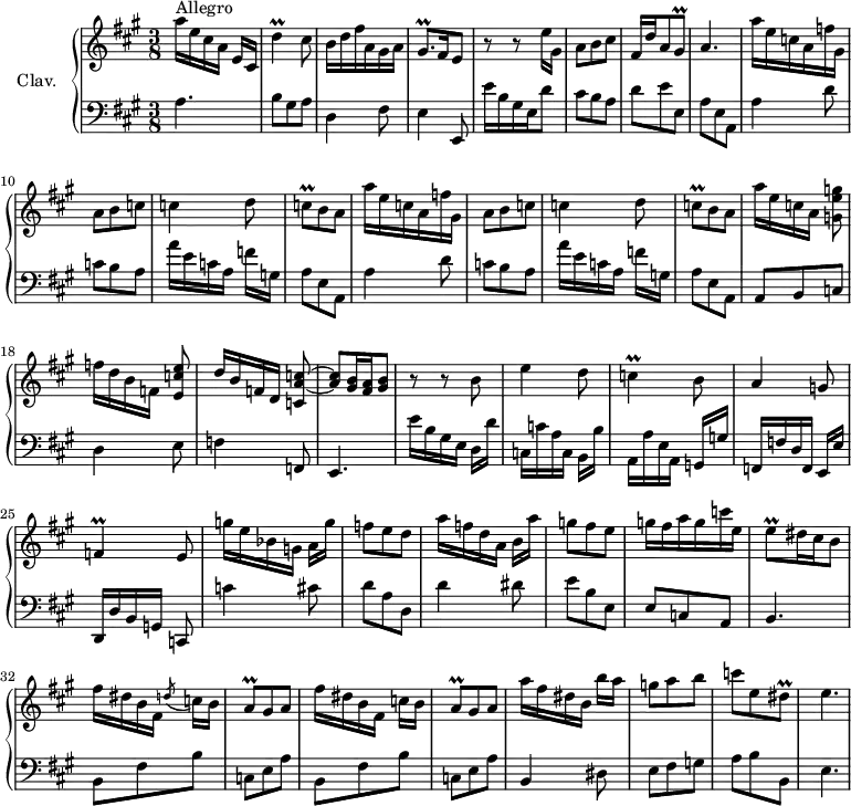 
\version "2.18.2"
\header {
  tagline = ##f
  % composer = "Domenico Scarlatti"
  % opus = "K. 344"
  % meter = "Allegro"
}
%% les petites notes
trillD        = { \tag #'print { d'4\prall } \tag #'midi { e32 d e d~ d8 } }
trillGisqp    = { \tag #'print { gis8.\prall } \tag #'midi { a32 gis a gis~ gis16 } }
trillGisq     = { \tag #'print { gis8\prall } \tag #'midi { a32 gis a gis } }
trillCq       = { \tag #'print { c8\prall } \tag #'midi { d32 c d c } }
trillC        = { \tag #'print { c4\prall } \tag #'midi { d32 c d c~ c8 } }
trillF        = { \tag #'print { f4\prall } \tag #'midi { g32 f g f~ f8 } }
trillEq       = { \tag #'print { e8\prall } \tag #'midi { fis32 e fis e } }
trillAq       = { \tag #'print { a8\prall } \tag #'midi { b32 a b a } }
trillDisq     = { \tag #'print { dis8\prall } \tag #'midi { e32 dis e dis } }
upper = \relative c'' {
  \clef treble 
  \key a \major
  \time 3/8
  \tempo 4. = 66
  \set Staff.midiInstrument = #"harpsichord"
  \override TupletBracket.bracket-visibility = ##f
      s8*0^\markup{Allegro}
      a'16 e cis a e[ cis] | \trillD cis8 | b16 d fis a, gis a | \trillGisqp fis16   \tempo 4. = 50 e8   \tempo 4. = 66 | r8 r8 e'16 gis, | a8 b cis |
      % ms. 7
      fis,16 d' a8 \trillGisq | a4. | \repeat unfold 2 { a'16 e c a f' gis, | a8 b c | c4 d8 | \trillCq b8 a } |
      % ms. 17
      a'16[ e c a] < g e' g >8 | f'16[ d b f] < e c' e >8 | 
      % ms. 19
      d'16[ b f d] < c a' c >8~ | < a' c > < gis b >16 < fis a >   \tempo 4. = 35 < gis b >8   \tempo 4. = 68 | r8 r8 b8 | e4 d8 | \trillC b8 |
      % ms. 24
      a4 g8 | \trillF e8 | g'16 e bes g a[ g'] | f8 e d | a'16 f d a b[ a'] | 
      % ms. 29
      g8 fis e | g16 fis a g c e, | \trillEq dis16 cis   \tempo 4. = 35 b8   \tempo 4. = 68 | fis'16[ dis b fis] \acciaccatura d'8 c16 b | \trillAq gis8 a | fis'16 dis b fis c'[ b] |
      % ms. 35
      \trillAq gis8 a | a'16 fis dis b b'[ a] | g8 a b | c e, \trillDisq | e4. | 
}
lower = \relative c' {
  \clef bass
  \key a \major
  \time 3/8
  \set Staff.midiInstrument = #"harpsichord"
  \override TupletBracket.bracket-visibility = ##f
    % ************************************** \appoggiatura a16  \repeat unfold 2 {  } \times 2/3 { }   \omit TupletNumber 
      a4. | b8 gis a | d,4 fis8 | e4 e,8 | e''16 b gis e d'8 | cis8 b a |
      % ms. 7
      d8 e e, | a e   \tempo 4. = 35 a,   \tempo 4. = 66 | \repeat unfold 2 {  a'4 d8 | c b a | a'16 e c a f'[ g,] | a8 e a, } | 
      % ms. 17
      a8 b c | d4 e8 |
      % ms. 19
      f4 f,8 | e4. | e''16 b gis e d[ d']  | c, c' a c, b[ b'] | a, a' e a, g[ g'] |
      % ms. 24
      f,16 f' d f, e[ e'] | d,[ d' b g] c,8 | c''4 cis8 | d a d, | d'4 dis8 |
      % ms. 29
      e8 b e, | e c a | b4. | \repeat unfold 2 { b8 fis' b | c, e a }
      % ms. 37
      b,4 dis8 | e fis g | a b b, | e4. |
}
thePianoStaff = \new PianoStaff <<
    \set PianoStaff.instrumentName = #"Clav."
    \new Staff = "upper" \upper
    \new Staff = "lower" \lower
  >>
\score {
  \keepWithTag #'print \thePianoStaff
  \layout {
      #(layout-set-staff-size 17)
    \context {
      \Score
     \override SpacingSpanner.common-shortest-duration = #(ly:make-moment 1/2)
      \remove "Metronome_mark_engraver"
    }
  }
}
\score {
  \keepWithTag #'midi \thePianoStaff
  \midi { }
}
