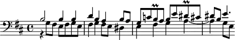 
\version "2.18.2"
\header {
  tagline = ##f
  % composer = "Johann Pachelbel"
  % opus = "Gott hat das Evangelium, P. 174"
  % meter = ""
}
\score {
<<
  \relative c' {
    \clef bass
    \key d \major
    \time 4/4
    \override TupletBracket #'bracket-visibility = ##f 
     %s8*0^\markup{Aria}
     << { b2 b4 b d b a b8 a | g c b8\prall a8 b e dis8\prall cis8 | dis b e4.*1/2 } \\ { r4 g,8 fis e fis g e  | fis4 g fis8 e dis4 | e fis g a~ | a g8 e } >>
  }
>>
  \layout {
     #(layout-set-staff-size 17)
     \context { \Score \remove "Metronome_mark_engraver" 
     \override SpacingSpanner.common-shortest-duration = #(ly:make-moment 1/2)
     }
  }
}
