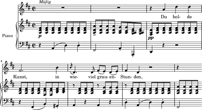 
\version "2.14.2"
\header {
  tagline = ##f
}
%%%% Schubert, An die Musik D547 / début
%%%%%% VOIX %%%%%
melody = \relative c'' {
  \clef treble
  \key d \major
  \time 2/2
  \tempo 4 = 72
  \set Staff.midiInstrument = #"orchestral harp"
  \override TupletBracket #'bracket-visibility = ##f
   s4*0^\markup { \italic "Mäßig" } R1*2 r4 a4 d d fis,2. b4
   \acciaccatura b8 d,4. d8 fis[( e)] d[( e)] fis4 d r2 r4 s4
}
text = \lyricmode {
  Du hol- de Kunst, in wie- viel grau- en- Stun- den,
}
%%%%%% PIANO %%%%%
upper = \relative c' {
  \clef treble
  \key d \major
  \time 2/2
  < fis d a >8\p q q q q q q q
  < a d, a >8-> q q q < g cis, a > q < e cis a g > q
  < d a fis >8\pp < fis d a > q q q q q q  | q q q q < fis d fis, > q < fis d b > q
  % ms. 5
  r8 < fis d a >8 q q r8 < g cis, a > q q
  r8 < fis d a >8 q q q q q q
  < a d, a >8 q q q
}
lower = \relative c {
  \clef bass
  \key d \major
  \time 2/2
   r4 a4( d) d-. fis,2 a4-. a,-. d r4 r2 
   r4 fis( b) gis-. a r4 a r4 d-. a( d) d-. fis,2
}
\score {
  <<
    \new Voice = "mel" { \autoBeamOff \melody }
    \new Lyrics \lyricsto mel \text
    \new PianoStaff <<
    \set PianoStaff.instrumentName = #"Piano"
      \new Staff = "upper" \upper
      \new Staff = "lower" \lower
    >>
  >>
  \layout {
    \context { \Staff \RemoveEmptyStaves }
     \context { \Score \remove "Metronome_mark_engraver" }
  }
  \midi { }
}

