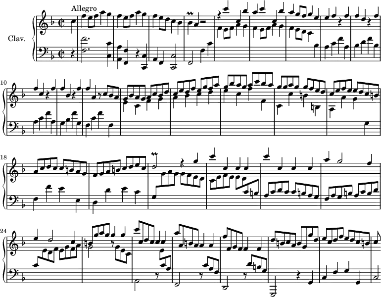 
\version "2.18.2"
\header {
  tagline = ##f
  % title = "Sonate en fa majeur"
  % composer = "Domenico Scarlatti"
  % opus = "K. 438"
  % meter = "Allegro"
}
%% les petites notes
trillDb     = { \tag #'print { d2\prall } \tag #'midi { e32 d e d~ d8~ d4 } }
trillBes    = { \tag #'print { bes4\prall } \tag #'midi { c32 bes c bes~ bes8 } }
upper = \relative c'' {
  \clef treble 
  \key f \major
  \time 2/2
  \tempo 2 = 92
  \set Staff.midiInstrument = #"harpsichord"
  \override TupletBracket.bracket-visibility = ##f
      \partial 4
      s8*0^\markup{Allegro}
      c4 | \repeat unfold 2 { f4 e8 f a4 g } | f e8 d c4 bes | \trillBes a4 r2 |
      % ms. 5
      \stemUp r4 c'4 c, bes' | a c c, bes' | a g8 f g4 e | e f r4 f f d r4 f |f c r4 f |
      % ms. 11
      f4 bes, r4 f' | f a, r8 c8 bes a | g bes a g a c bes d |c e d f e g  f a | g bes a g a c bes a |
      % ms. 16
      g8 g a g g f e d | c e f e e d c b | a c d c c b a g | f g a b c d e c | 
      % ms. 20
      \trillDb r4 g4 | \repeat unfold 2 { c4 c, c c } | a' g2 f4 |
      % ms. 24
      e4 d2 c4 | b8 g' a g g4 g | c8 c, d c c4 c | a'8 a, b a a4 a |
      % ms. 28
      f'8 f, g f f4 f | d'8 b c a b g g' d | e c d f e d c b | c
}
lower = \relative c' {
  \clef bass
  \key f \major
  \time 2/2
  \set Staff.midiInstrument = #"harpsichord"
  \override TupletBracket.bracket-visibility = ##f
    % ************************************** \appoggiatura \repeat unfold 2 {  } \times 2/3 { }
      r4 | < f, f' >2. < c c' >4 | < a a' > < f f' > r4 < c c' > | a' f < c c' >2 | f2 f'4 c' | \stemDown \change Staff = "upper"
      % ms. 3
      \repeat unfold 2 { f4 e8 f a4 g } | f4 e8 d c4 | \change Staff = "lower" bes a c f a, | bes d f bes, | a c f a, |
      % ms. 11
      g4 bes f' g, | f c' f f, | \stemDown \change Staff = "upper" e'4 c f g  a bes c d | e c f f, |
      % ms. 16
      c4 c' b b, | a a' g \change Staff = "lower" g, | f f' e e, | d d' e c | 
      % ms. 20
      \stemUp g8 \stemDown \change Staff = "upper" g' a g g f e d | c e f e e d  \stemUp \change Staff = "lower"  c b | a c d c c b a g | f a g b a c b d |
      % ms. 24
      c8 \stemDown \change Staff = "upper" e d f e g f a | g2 r8 g8 e c | \change Staff = "lower" a,2 r8  \stemDown \change Staff = "upper"  e''8  \stemUp \change Staff = "lower" c a | f,2 r8 c''8 a f |
      % ms. 28
      d,2 r8 d''8 b g | g,,2 r4 g'4 | c f g g, | c2*1/4
}
thePianoStaff = \new PianoStaff <<
    \set PianoStaff.instrumentName = #"Clav."
    \new Staff = "upper" \upper
    \new Staff = "lower" \lower
  >>
\score {
  \keepWithTag #'print \thePianoStaff
  \layout {
      #(layout-set-staff-size 17)
    \context {
      \Score
     \override SpacingSpanner.common-shortest-duration = #(ly:make-moment 1/2)
      \remove "Metronome_mark_engraver"
    }
  }
}
\score {
  \keepWithTag #'midi \thePianoStaff
  \midi { }
}
