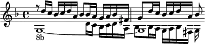 
\version "2.18.2"
\header {
  tagline = ##f
  % composer = "Johann Pachelbel"
  % opus = "Toccata en sol mineur (no. 4), P.468"
  % meter = ""
}
\score {
<<
  \relative c'' {
   %  \clef bass
    \key f \major
    \time 4/4
    \override TupletBracket #'bracket-visibility = ##f 
     %s8*0^\markup{Aria}
     << { r8 d16 c bes c d a bes8 bes16 a g a bes fis | g8 d'16 c bes c d a bes8 } 
     \\ { g,1~-\markup{8b}  | g1*1/2 } 
     \\ { \stemDown s2 s8 d'16 c bes c d a | bes8 bes16 a g a bes fis g } >>
  }
>>
  \layout {
     #(layout-set-staff-size 17)
     \context { \Score \remove "Metronome_mark_engraver" 
     \override SpacingSpanner.common-shortest-duration = #(ly:make-moment 1/2)
     }
  }
}
