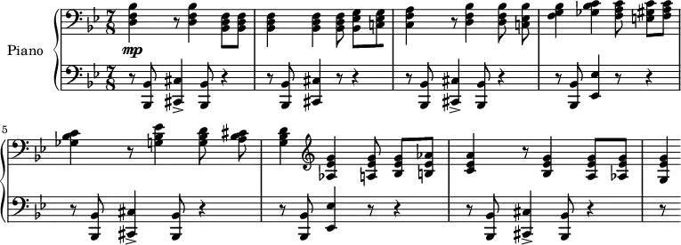 
\version "2.18.2"
\header {
  tagline = ##f
}
upper = \relative c {
    \clef bass 
    \key bes \major
    \time 7/8
    \tempo 4 = 146
   %% Finale
   < d f bes >4\mp r8 q4 < bes d f >8[ q] | q4 q q8 < bes ees g >[ < c! ees g >8 < c f a >4] | 
   r8 < d f bes >4 q8 < c! ees bes' >8 < f g bes >4 < ges bes c > < f a c >8 < e! gis c >8[ < f a c >] | 
   < ges bes c >4 r8 < g! bes ees >4 < g bes d >8 < a bes cis > < g bes d >4
   \clef treble \relative c'
   < aes ees' g >4 < a ees' g >8 < bes ees g >8[ < b! ees aes >] | 
   < c ees a >4 r8 < bes ees g >4 < a ees' g >8[ < aes ees' g >8] < g ees' g >4*1/2
}
lower = \relative c {
    \clef bass 
    \key bes \major
    \time 7/8
    r8 < bes, bes' >8 < cis cis' >4-> < bes bes' >8 r4
    r8 < bes bes' >8 < cis cis' >4 r8 r4
    r8 < bes bes' >8 < cis cis' >4-> < bes bes' >8 r4
    r8 < bes bes' >8 < ees ees' >4 r8 r4
    r8 < bes bes' >8 < cis cis' >4-> < bes bes' >8 r4
    r8 < bes bes' >8 < ees ees' >4 r8 r4
    r8 < bes bes' >8 < cis cis' >4-> < bes bes' >8 r4 | r8
} 
\score {
  \new PianoStaff <<
    \set PianoStaff.instrumentName = #"Piano"
    \new Staff = "upper" \upper
    \new Staff = "lower" \lower
  >>
  \layout {
    \context {
      \Score
      \override SpacingSpanner.common-shortest-duration = #(ly:make-moment 1/3)
      \remove "Metronome_mark_engraver"
    }
  }
  \midi { }
}
