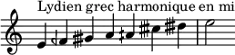  {
\override Score.TimeSignature #'stencil = ##f
\relative c' { 
  \clef treble \time 7/4
  e4^\markup { Lydien grec harmonique en mi } feh gisih a aih cisih disih e2
}}
